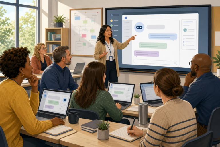 교사들이 생성형 AI 활용 연수를 받는 모습을 표현한 설명 이미지