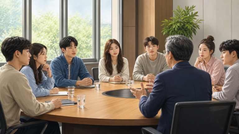 청년들이 공공정책 담당자와 원탁에 둘러앉아 일자리와 기회 문제를 논의하는 모습의 이미지