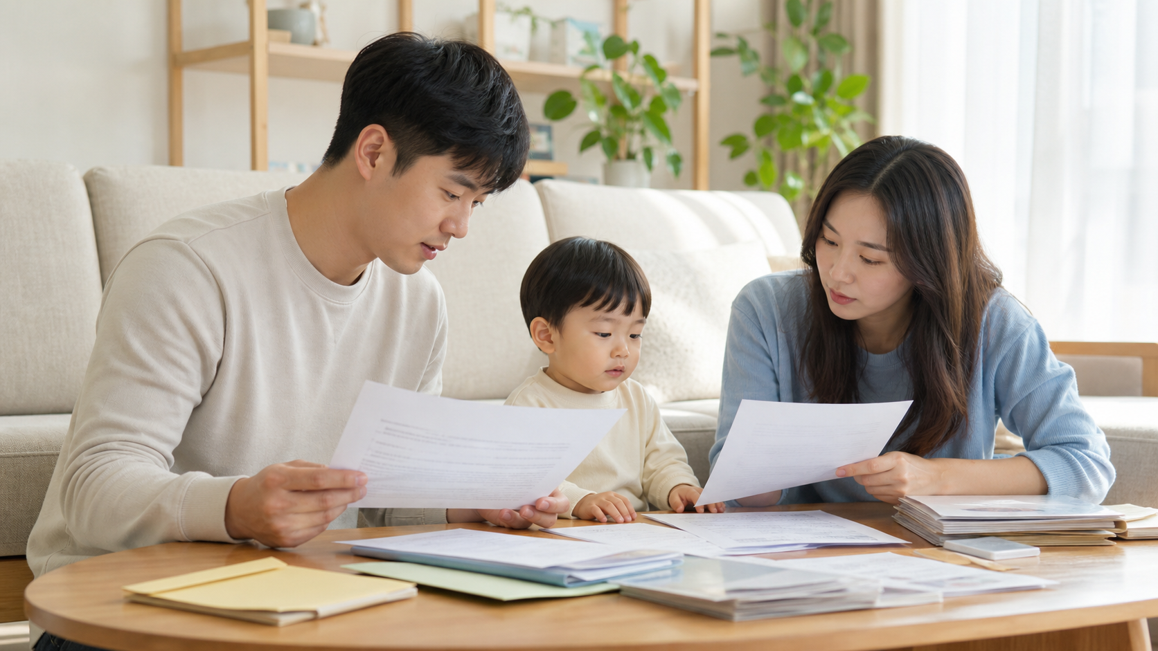 부모가 어린 자녀 곁에서 아동수당 신청 자료를 정리하는 모습
