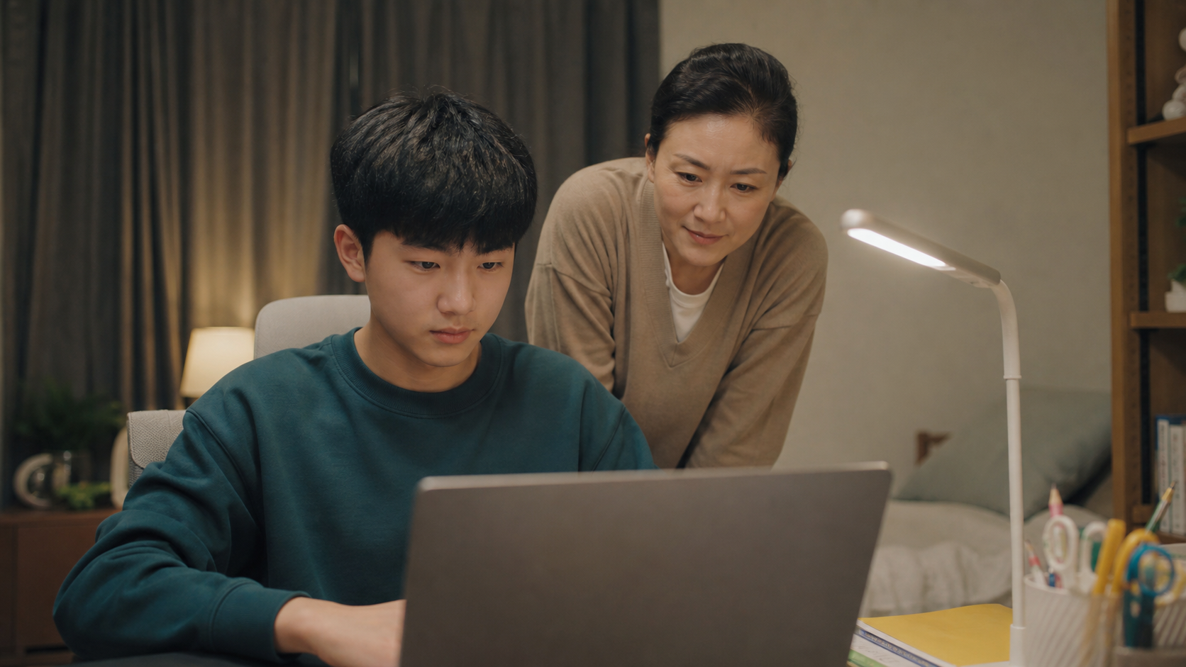 학생이 집 책상에서 노트북으로 온라인 수업을 준비하고 보호자가 살펴보는 모습