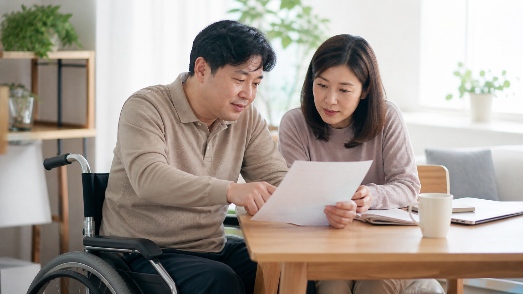 휠체어를 이용하는 성인과 동행인이 집에서 장애인연금 신청 준비 서류를 함께 살펴보는 모습