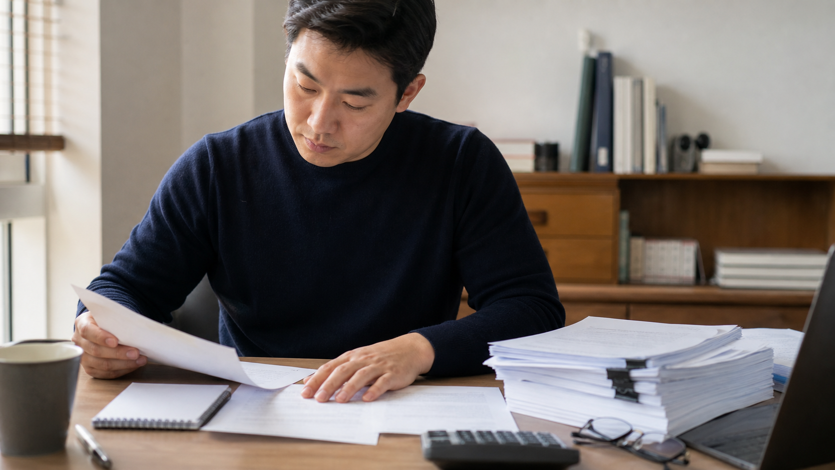 근로자가 임금 체불 관련 자료를 정리하며 대지급금을 준비하는 모습
