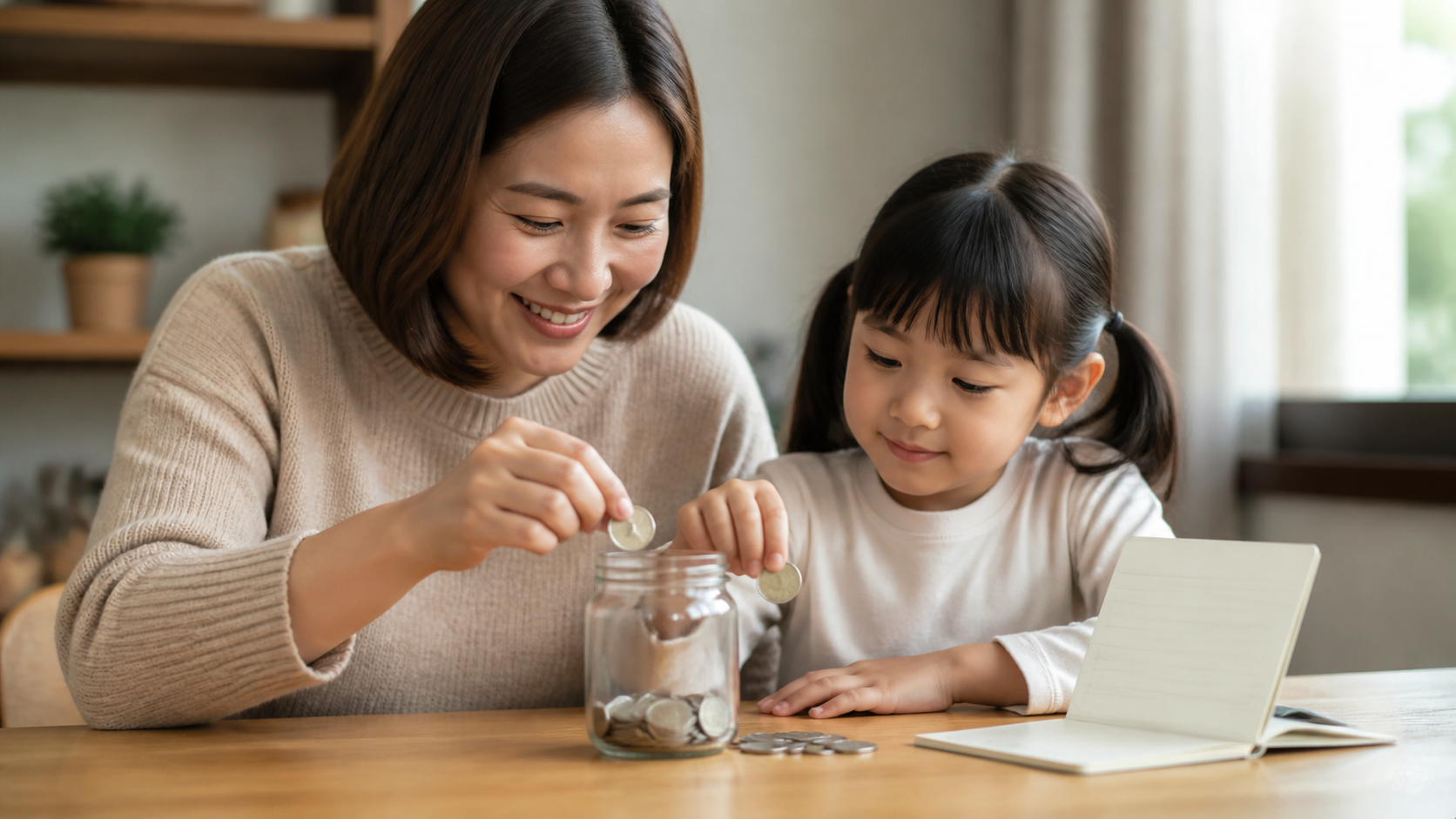 보호자와 아동이 집에서 유리 저금통에 동전을 함께 적립하는 모습