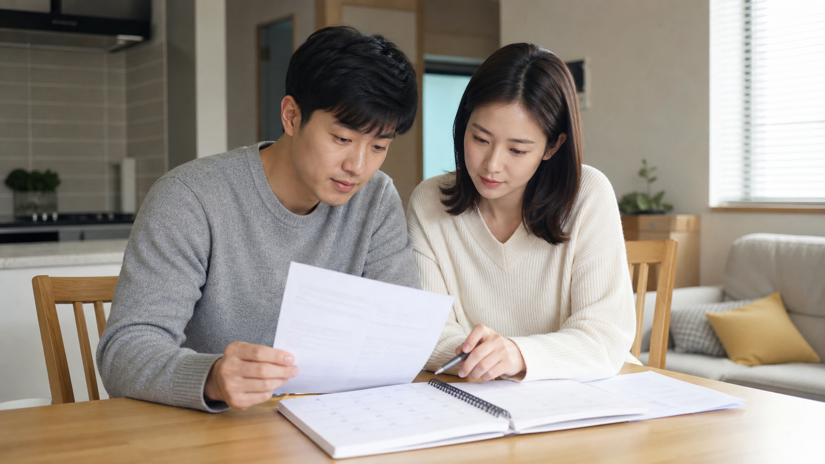 예비 부모가 집에서 진료 관련 서류와 달력을 살펴보는 모습