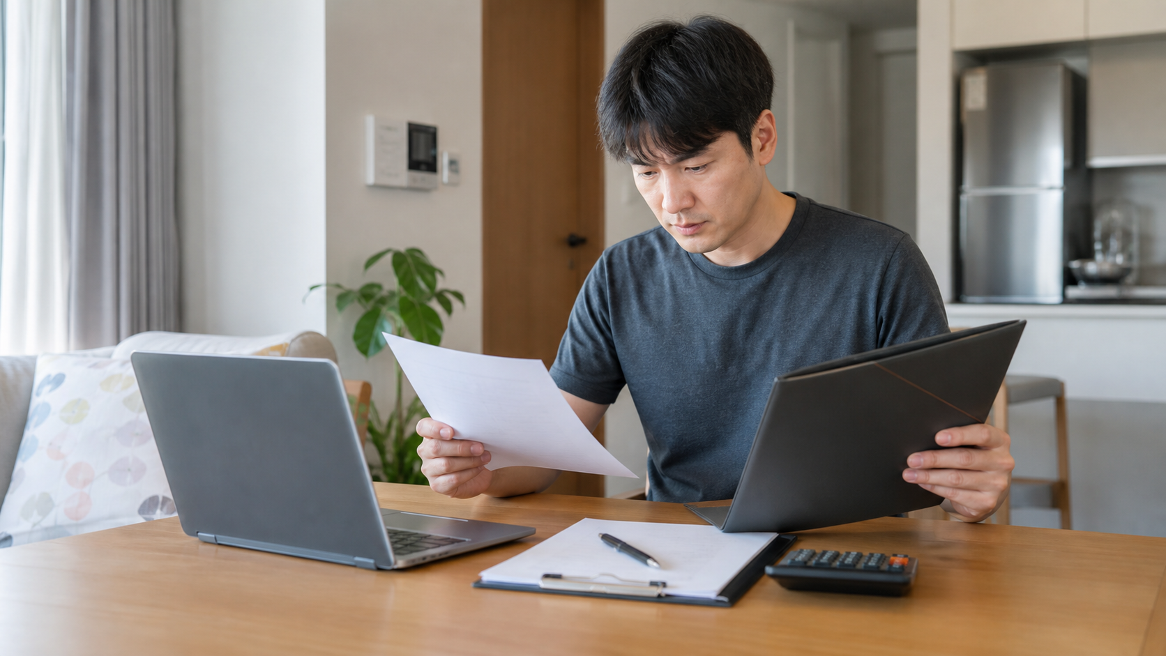 근로자가 집에서 생활안정자금 신청 자료와 상환 계획을 확인하는 모습