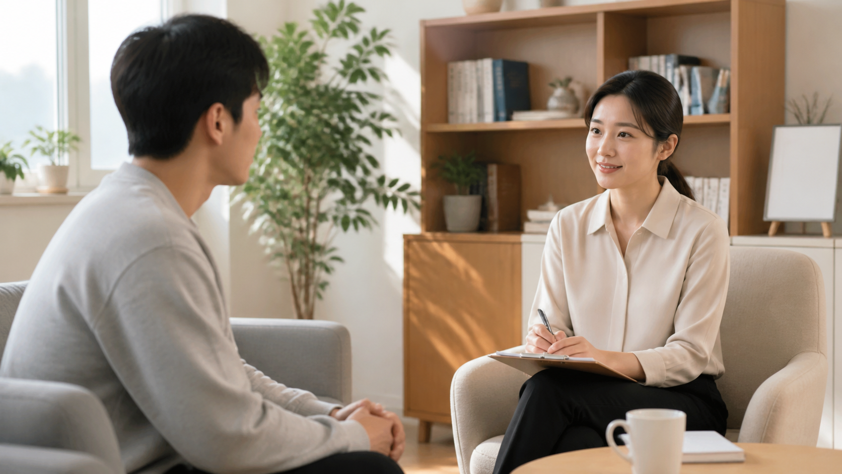차분한 상담실에서 정신건강 치료비 지원 상담을 받는 성인의 모습