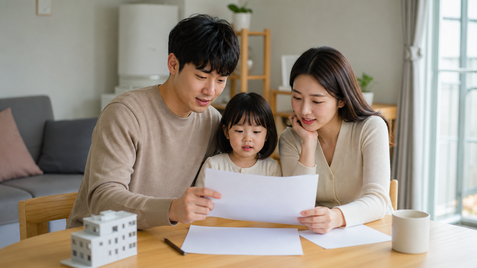 밝은 집에서 국민임대주택 모집공고와 주거 계획을 살펴보는 가족의 모습
