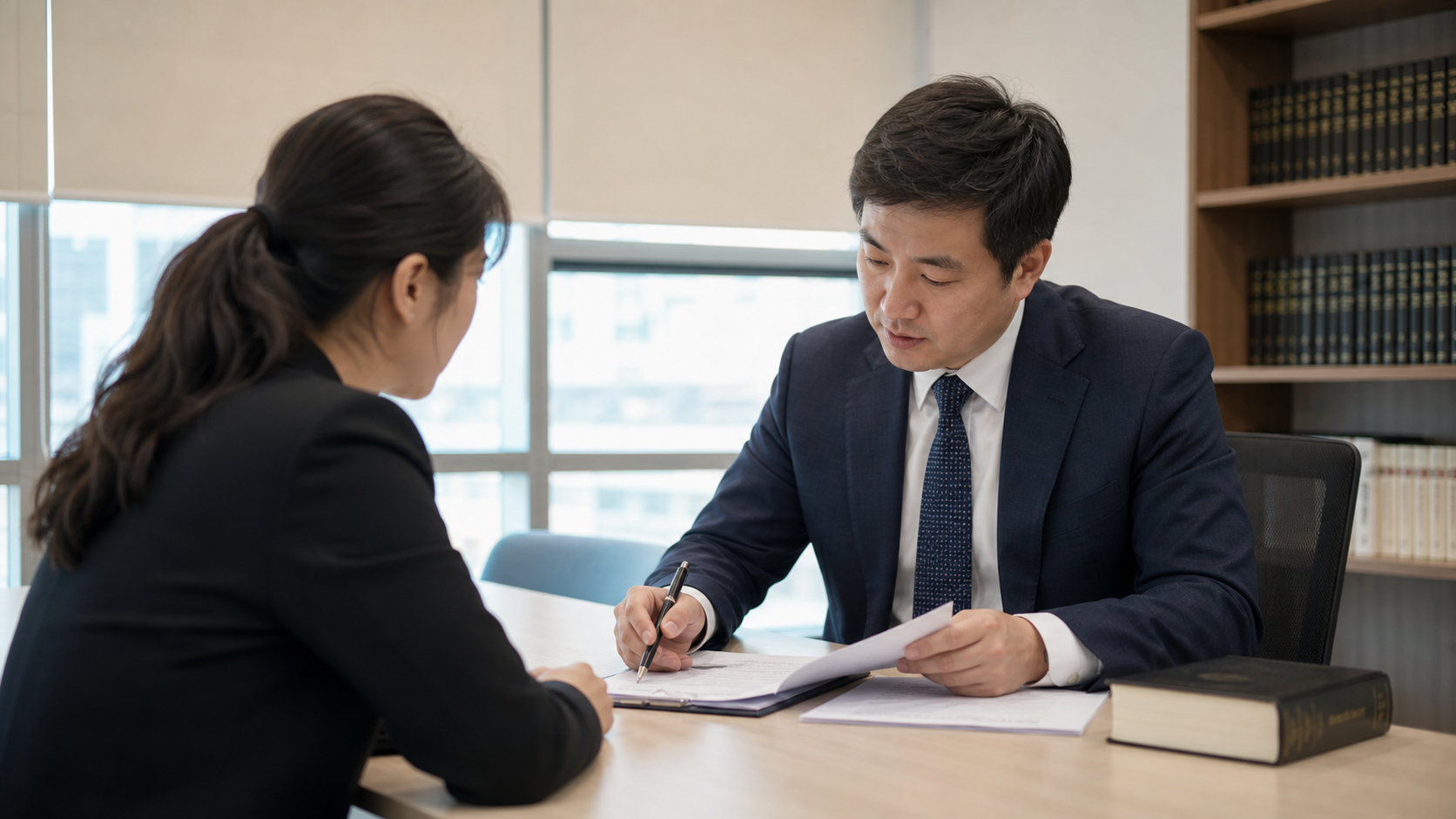 공공 법률상담실에서 상담자와 법률 전문가가 사건 서류를 검토하는 모습