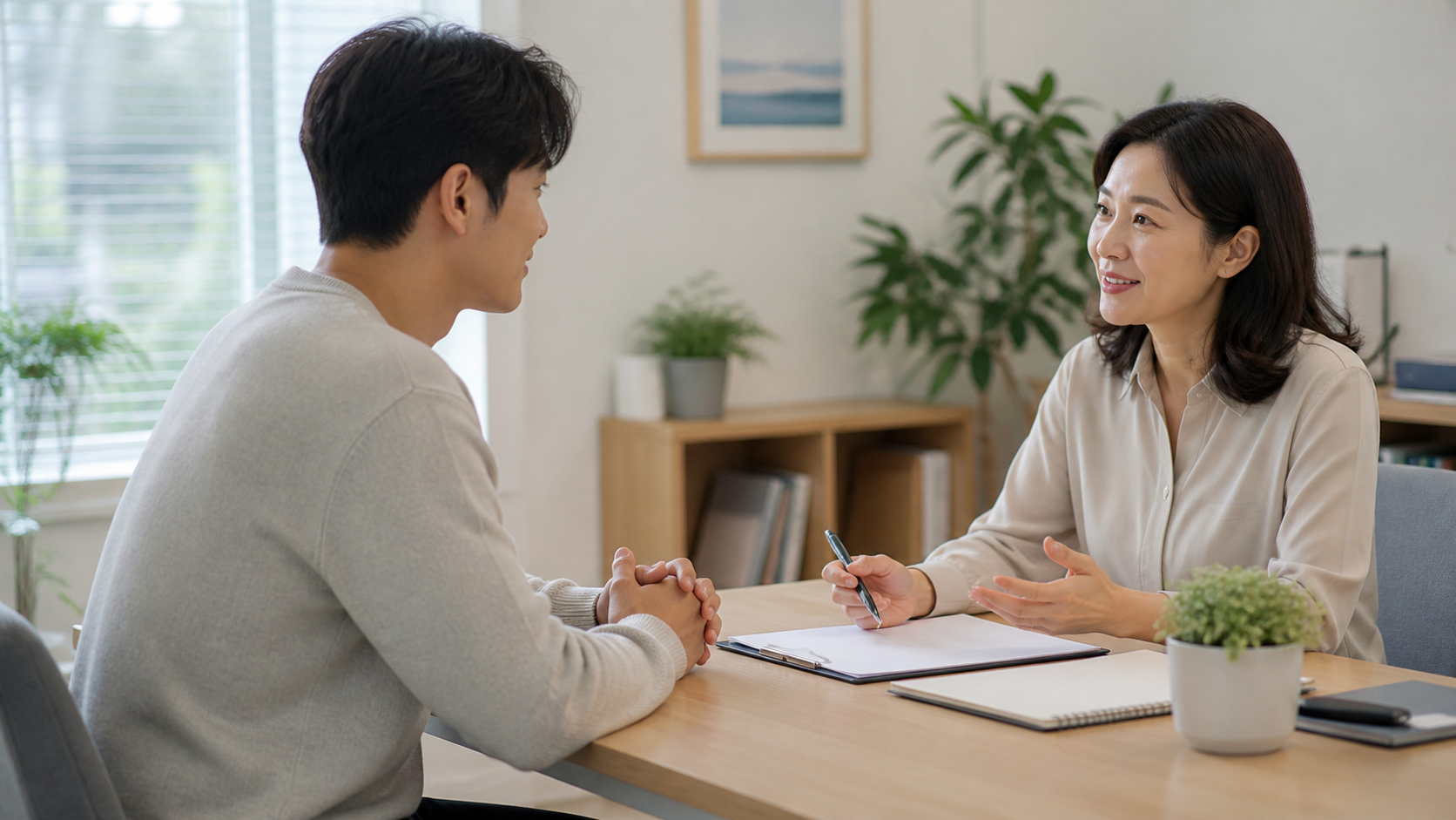 사회복귀를 준비하는 성인이 상담자와 자립 계획을 차분히 논의하는 모습