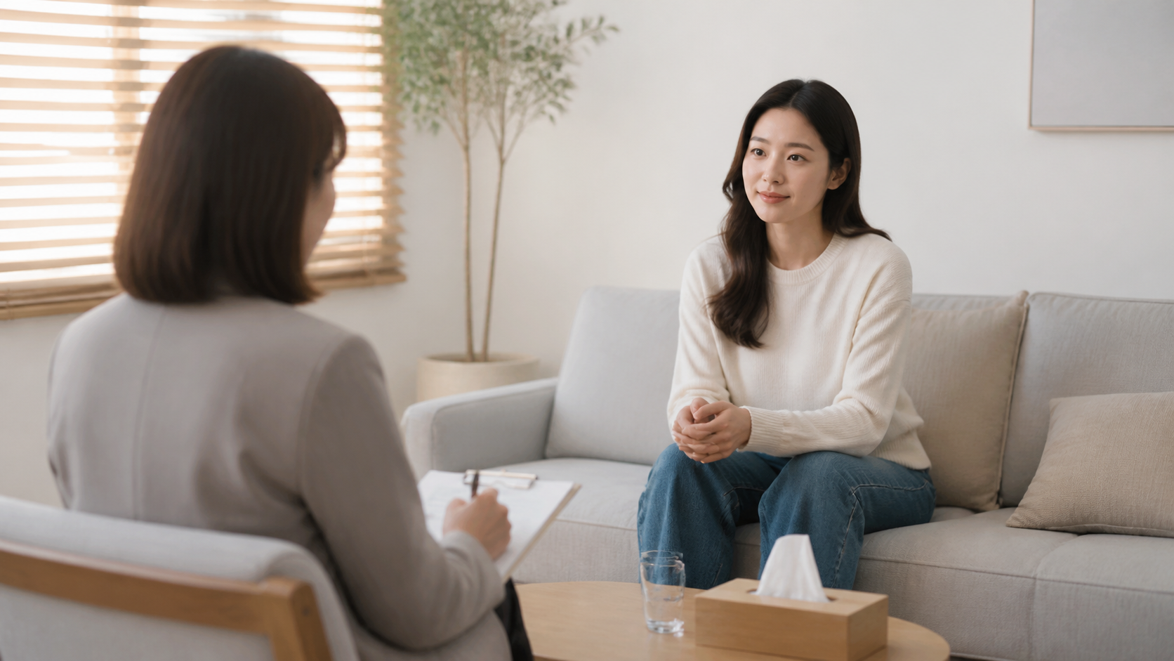 성인이 밝고 조용한 정신건강 상담실에서 상담자와 대화하는 모습