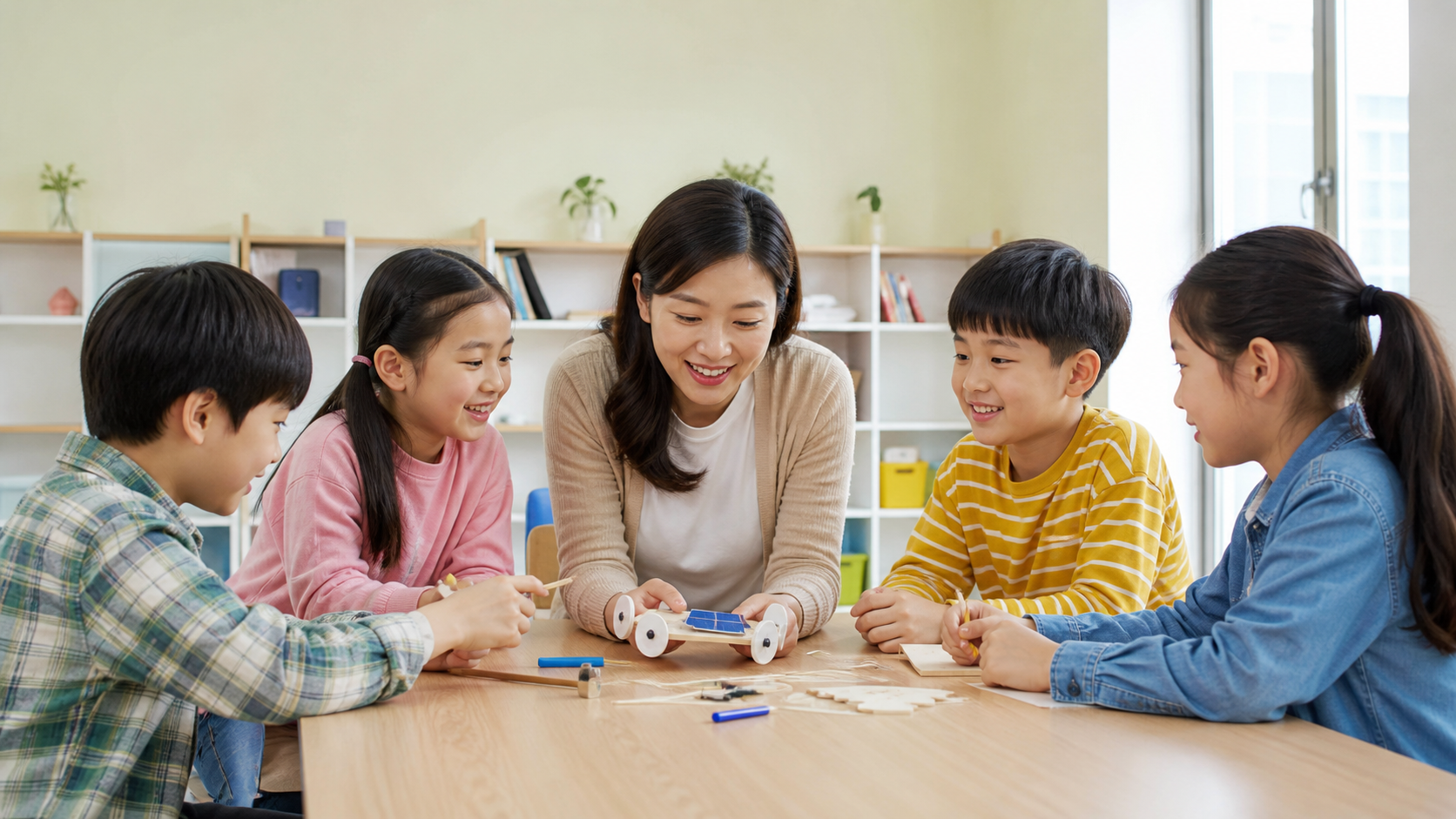 학교 방과후 교실에서 학생들이 교사와 창의적인 활동에 참여하는 모습