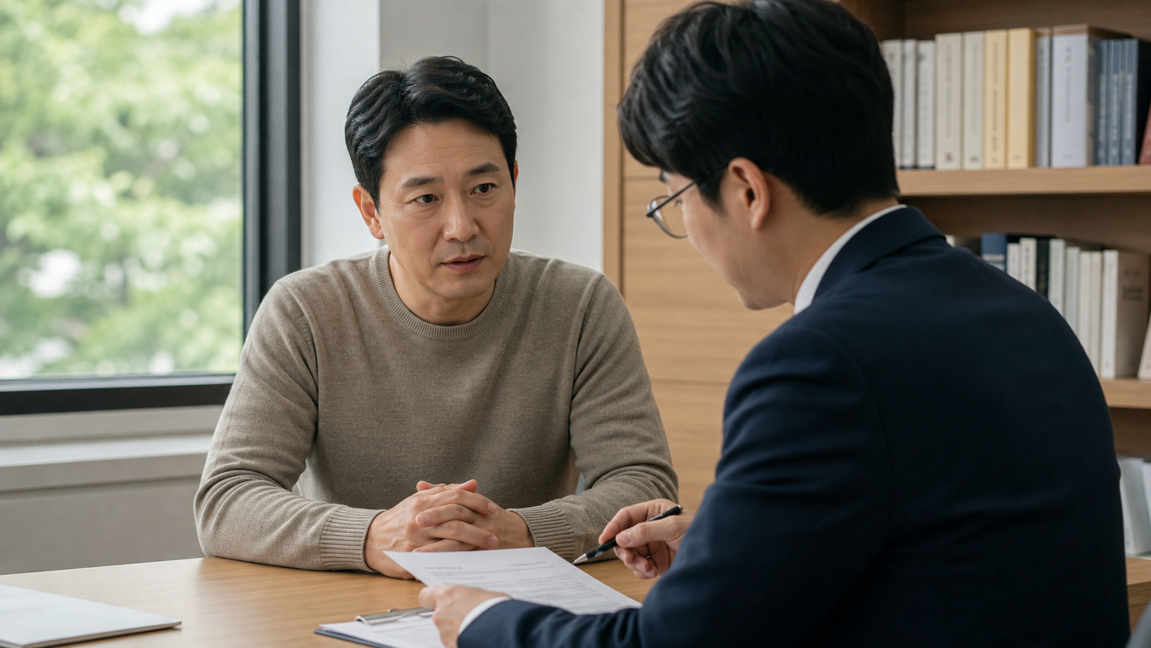 채무 상담자가 공공 법률상담 공간에서 전문가와 서류를 살펴보는 모습