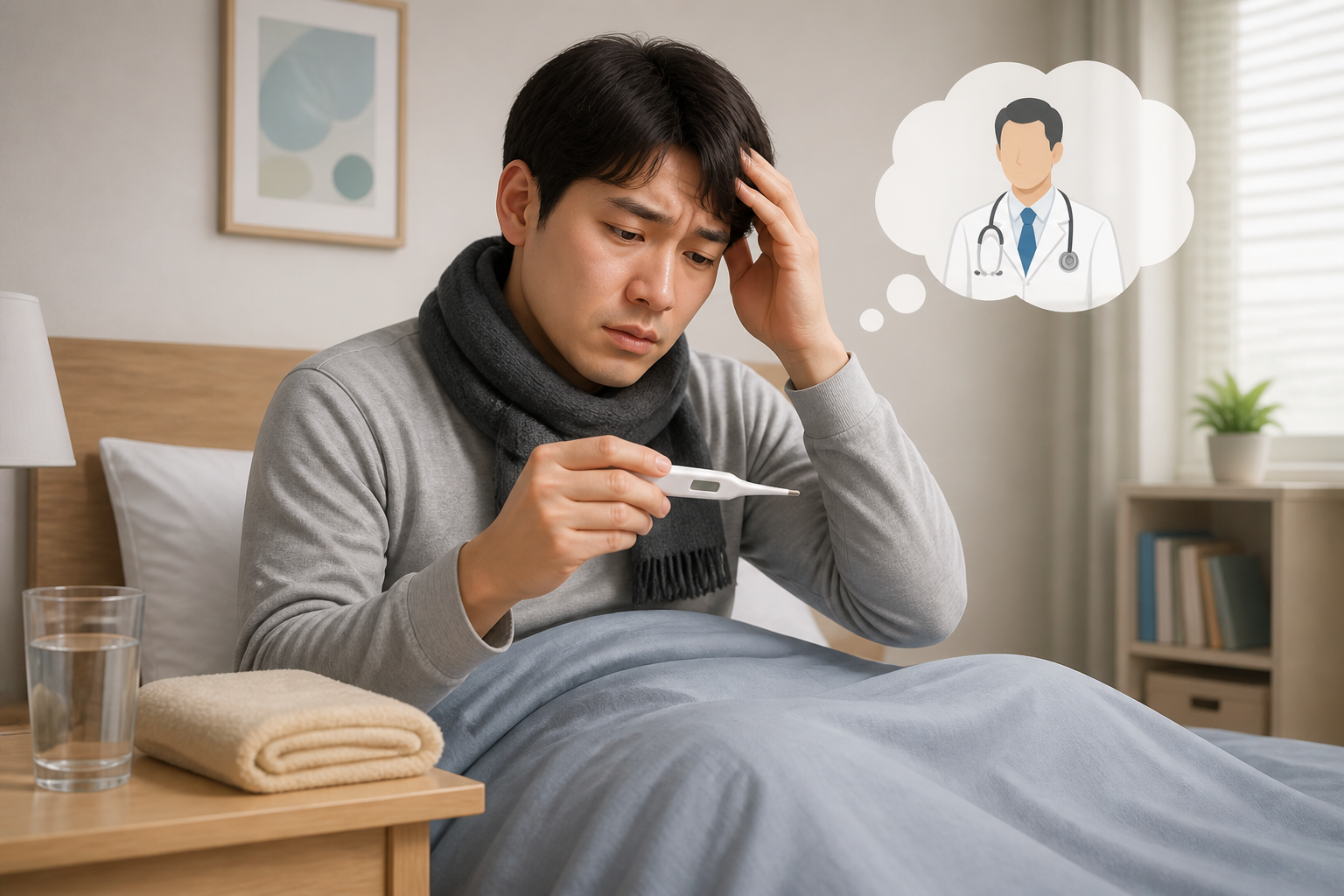 반복되는 발열로 체온을 확인하는 환자를 표현한 이미지