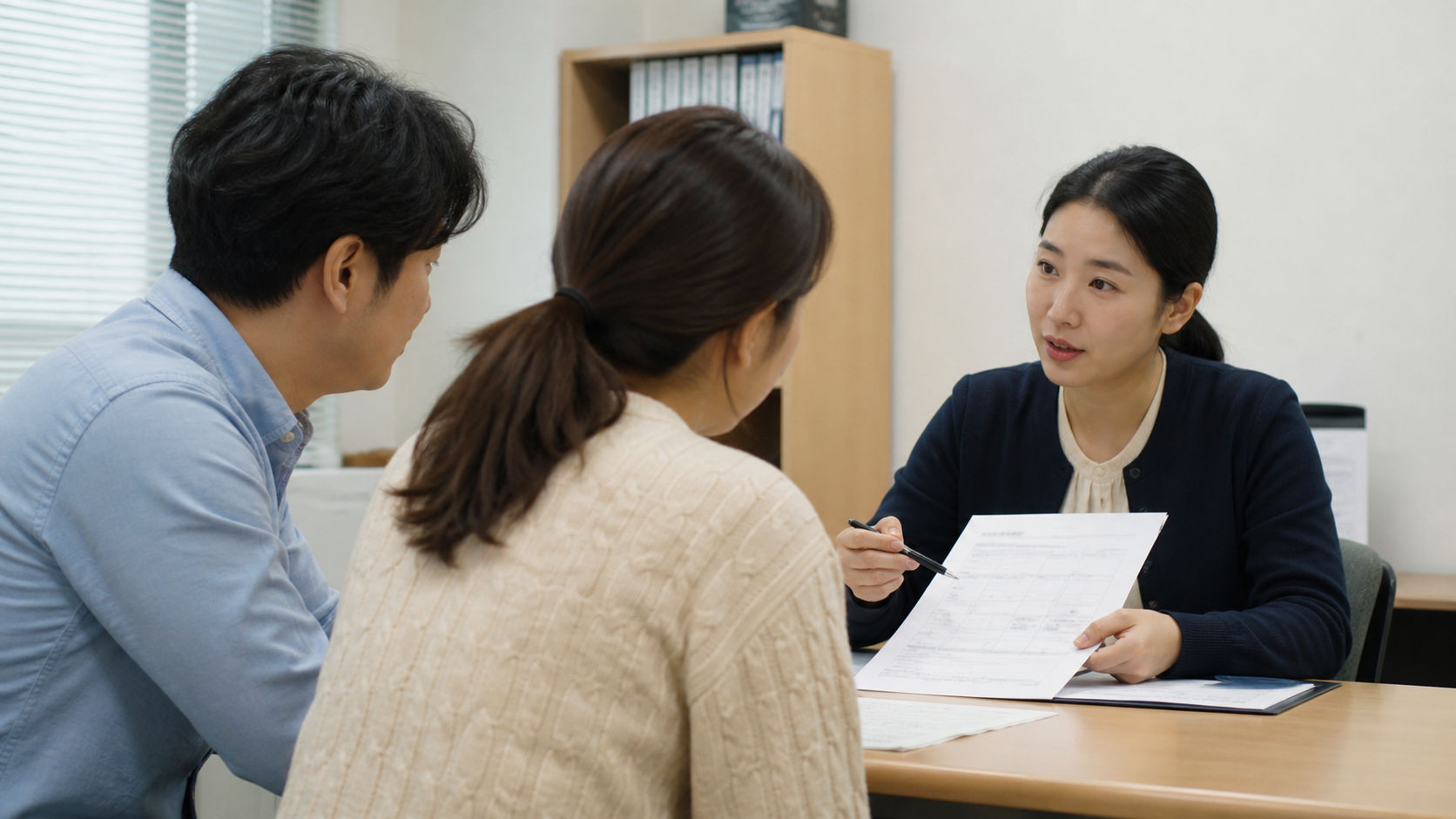 부모가 주민 상담 공간에서 아동 지원 신청 절차를 안내받는 모습