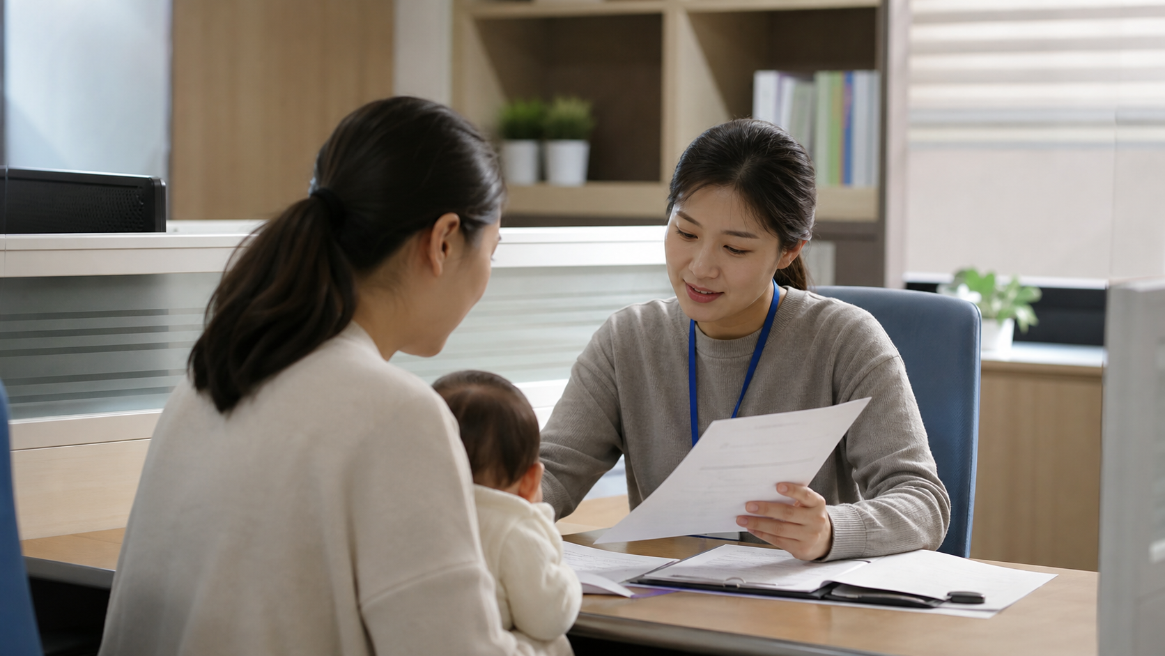 복지 상담 창구에서 보호자가 해산급여 신청 서류를 담당자와 확인하는 모습