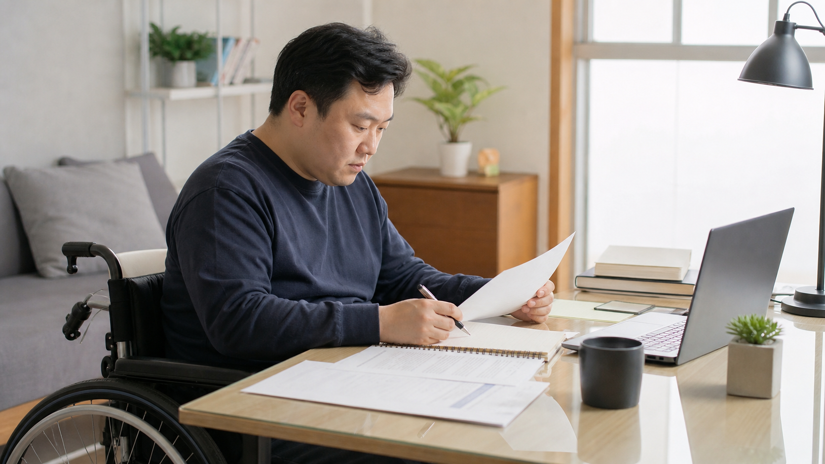 장애인이 집 책상에서 자립 계획과 필요한 준비물을 정리하는 모습