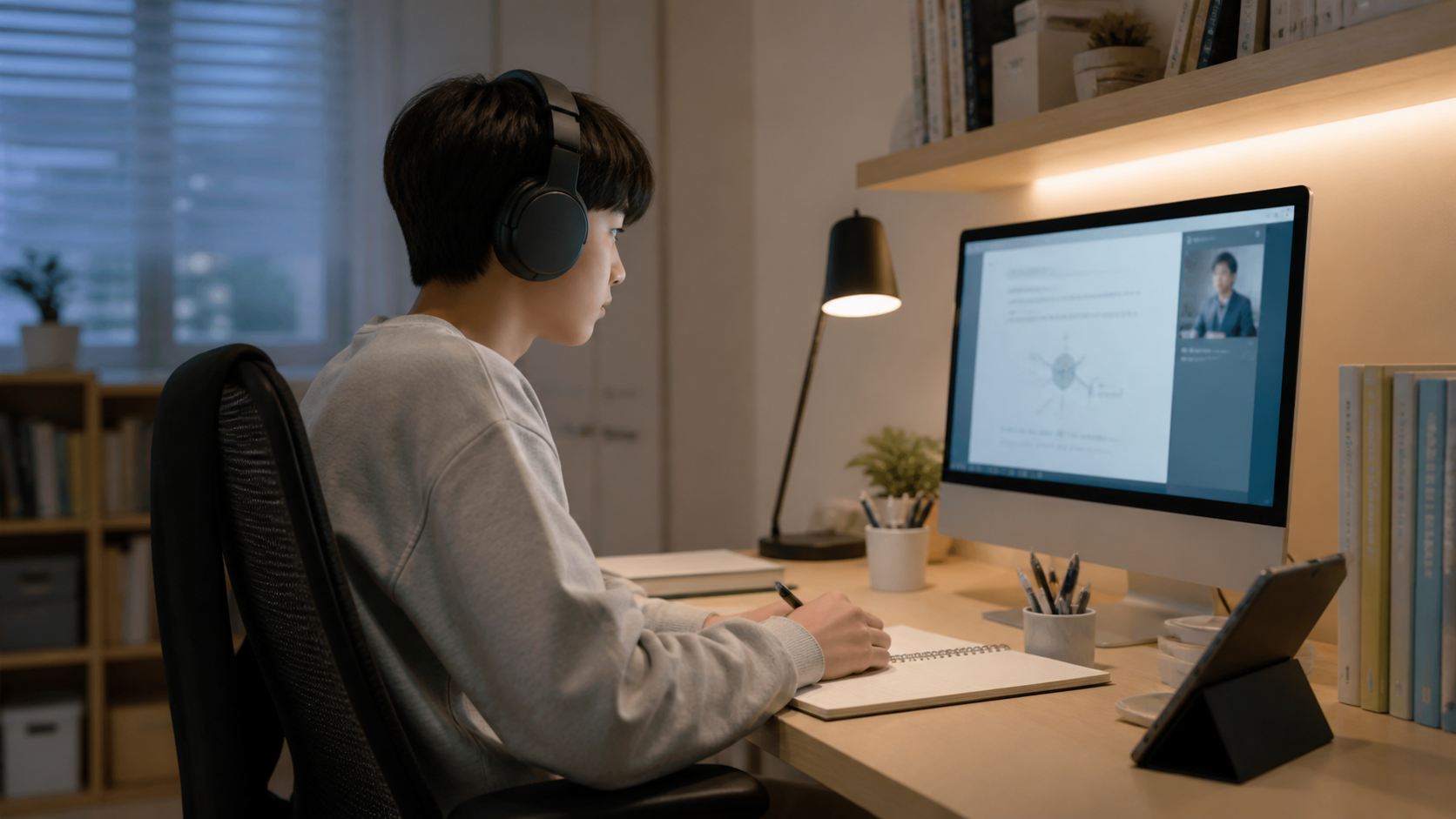 학생이 조용한 공부방에서 헤드셋을 착용하고 컴퓨터로 학습하는 모습