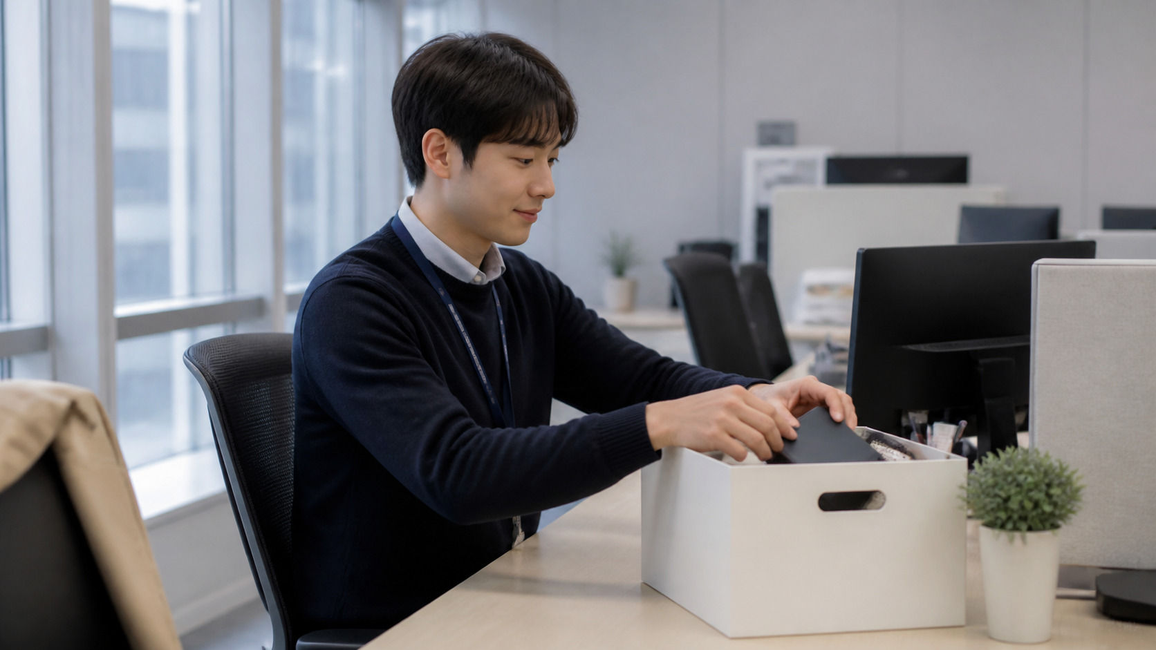 사무실 근로자가 책상 위 수납 상자에 업무 물품을 정리하는 모습