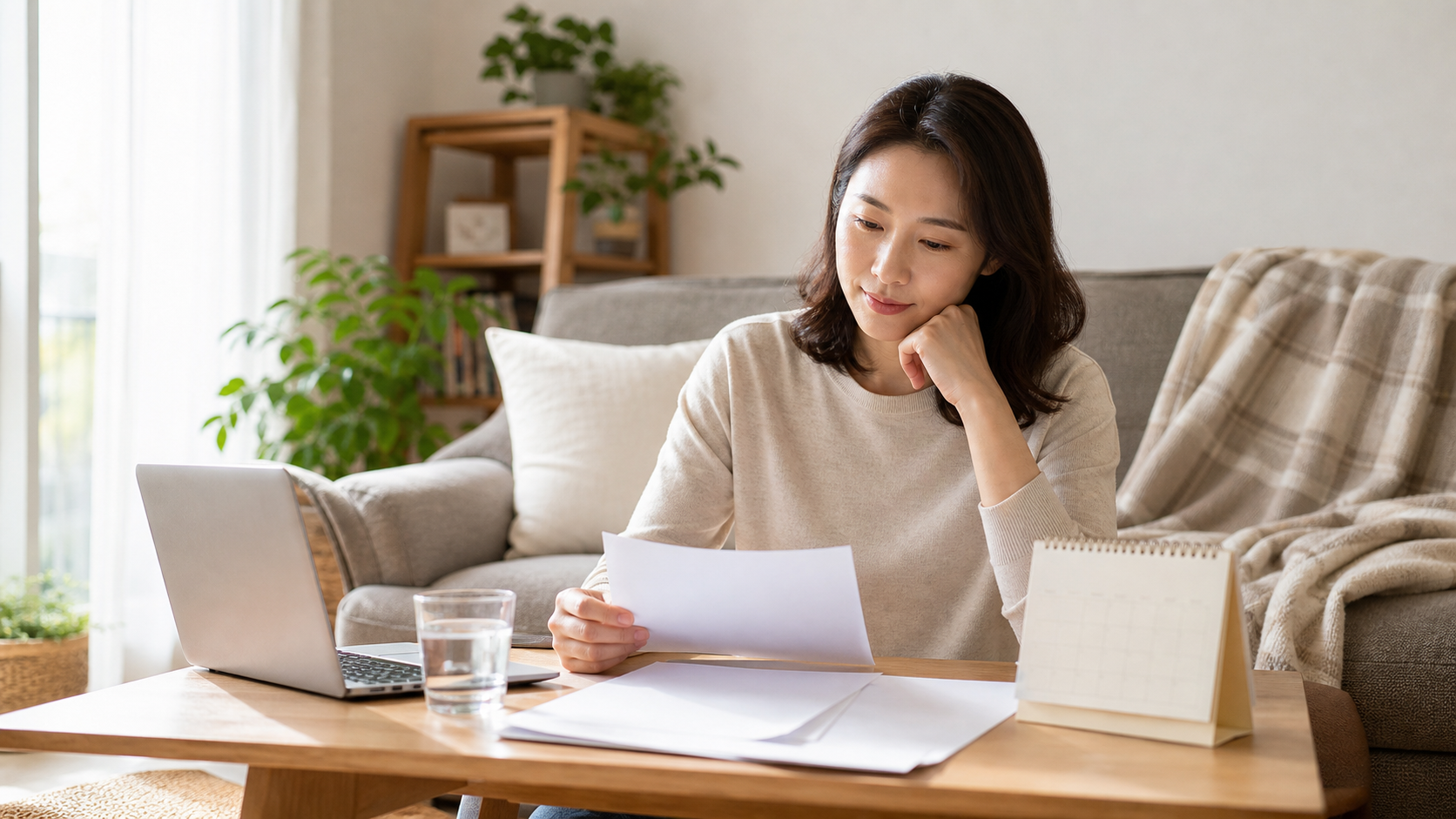 질병으로 쉬고 있는 취업자가 집에서 상병수당 신청 서류를 차분히 정리하는 모습