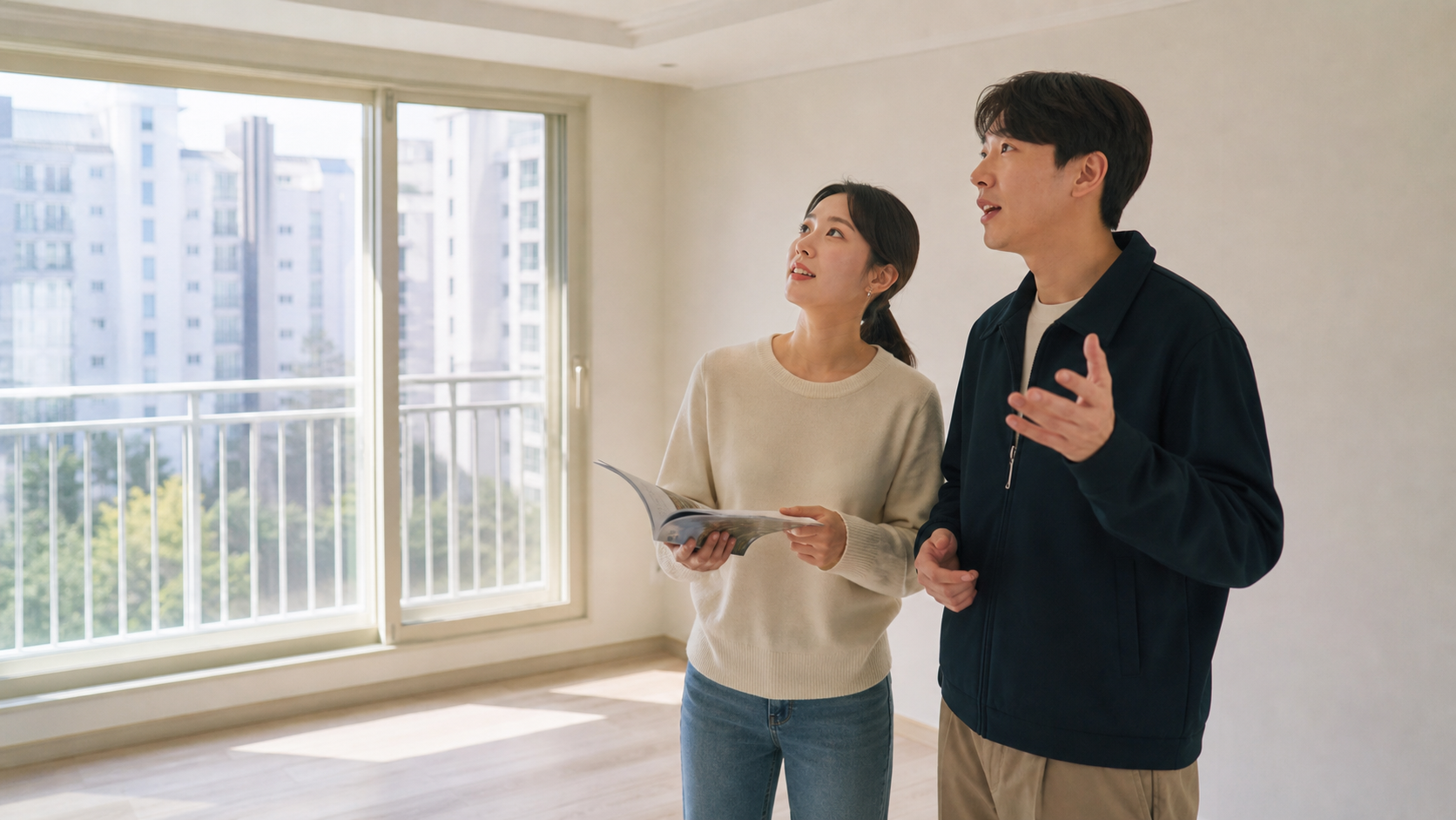 깔끔한 임대아파트를 방문해 주거 공간을 확인하는 성인의 모습