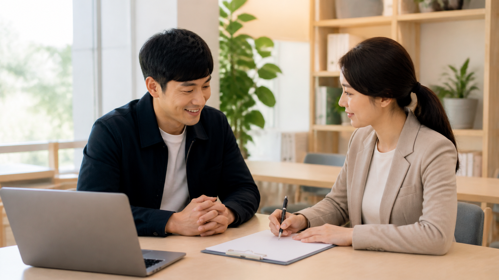 직업상담 공간에서 취업 준비 계획을 확인하는 성인과 상담자의 모습