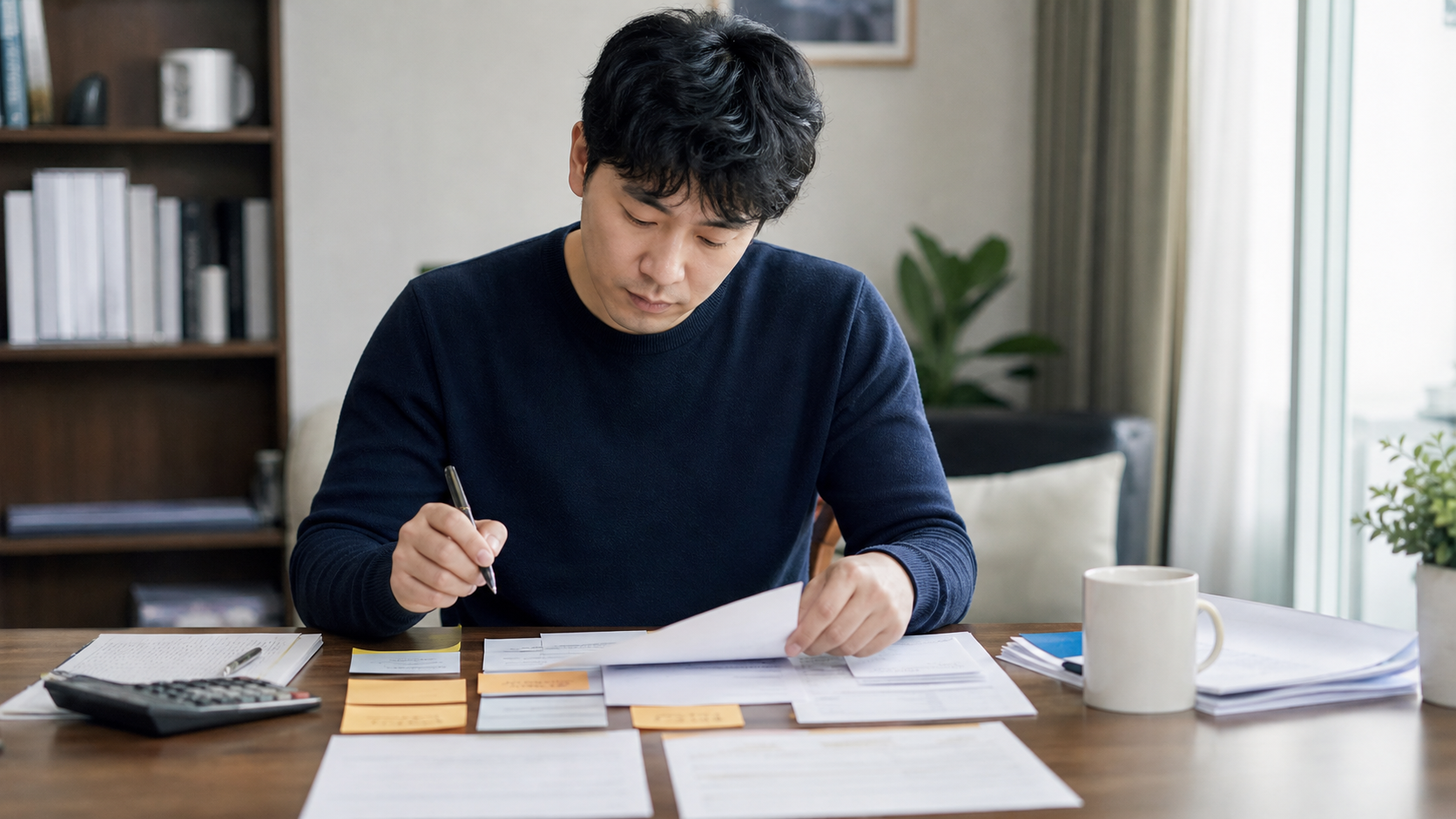 성인이 집 책상에서 채무 관련 서류를 항목별로 정리하는 모습