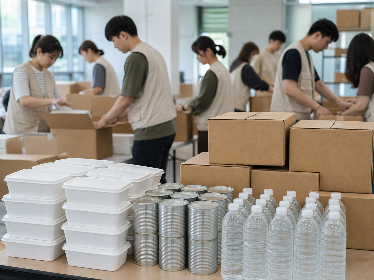 침수 피해 지역에 전달할 구호 식품과 생수를 포장하는 자원봉사자들