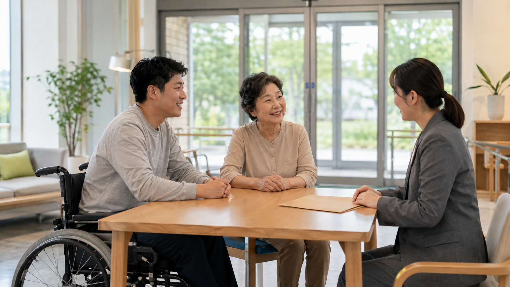 주간보호시설에서 이용자와 가족이 사회복지사와 상담하는 모습