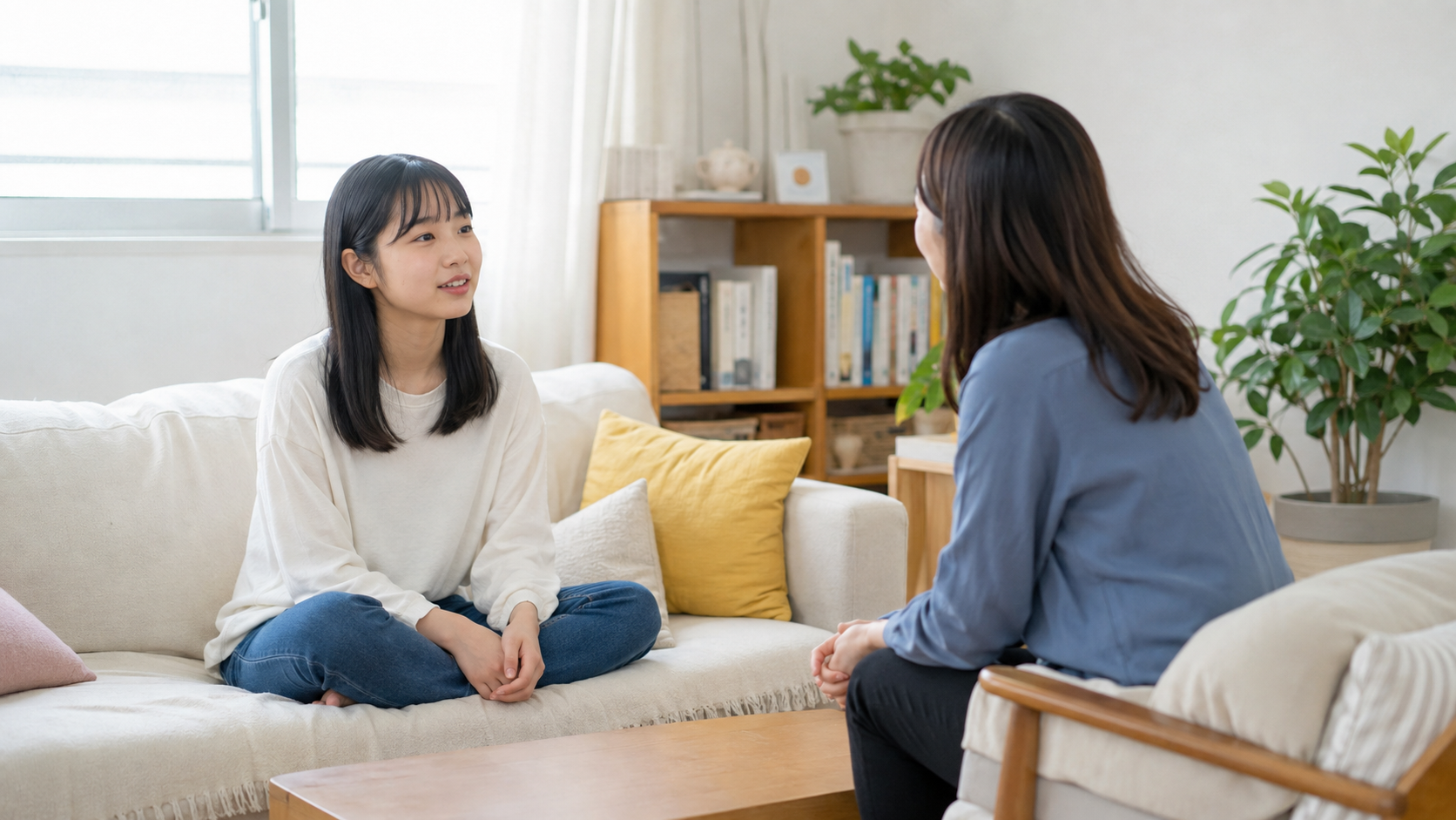 고립·은둔 청소년 원스톱 지원 신청 방법 3 차분한 집 안에서 청소년과 방문상담사가 이야기를 나누는 모습