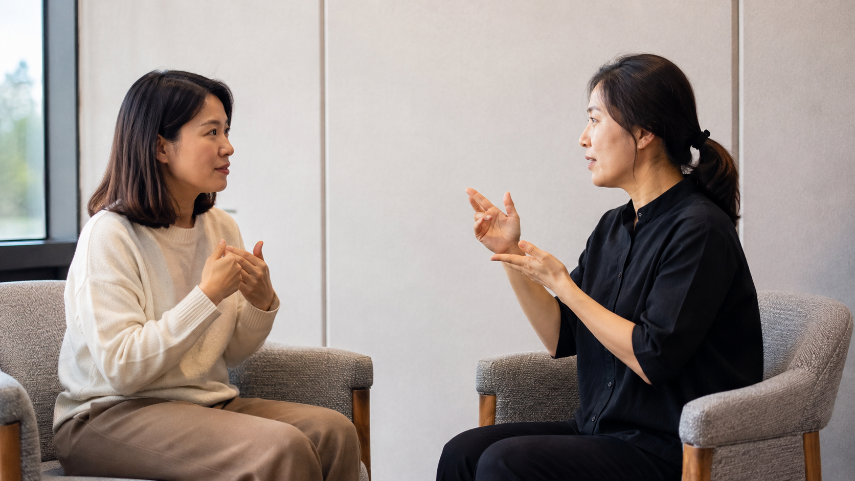 상담실에서 수어로 의사소통하는 이용자와 통역사