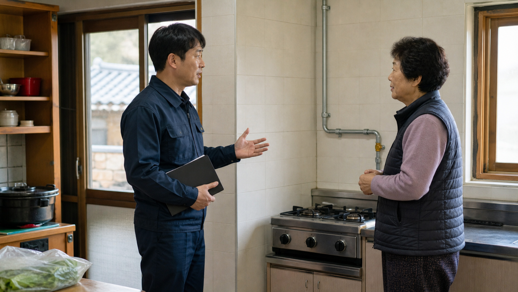 가스시설 개선 내용을 주민에게 설명하는 전문 작업자