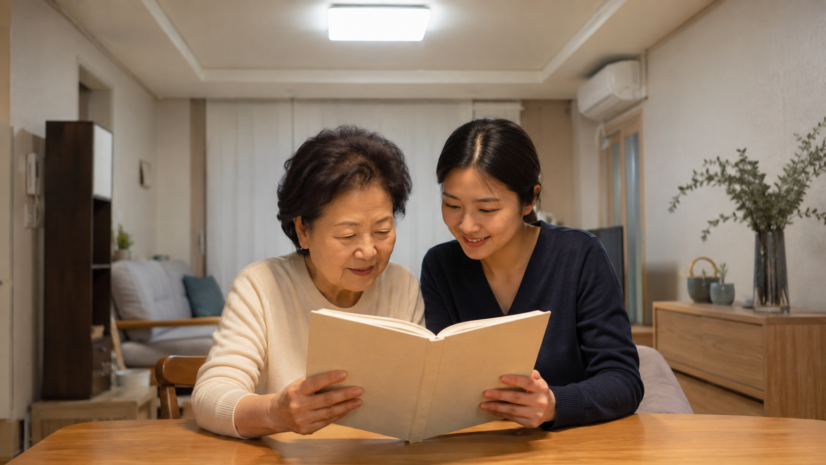 LED 조명이 켜진 거실에서 책을 보는 가족