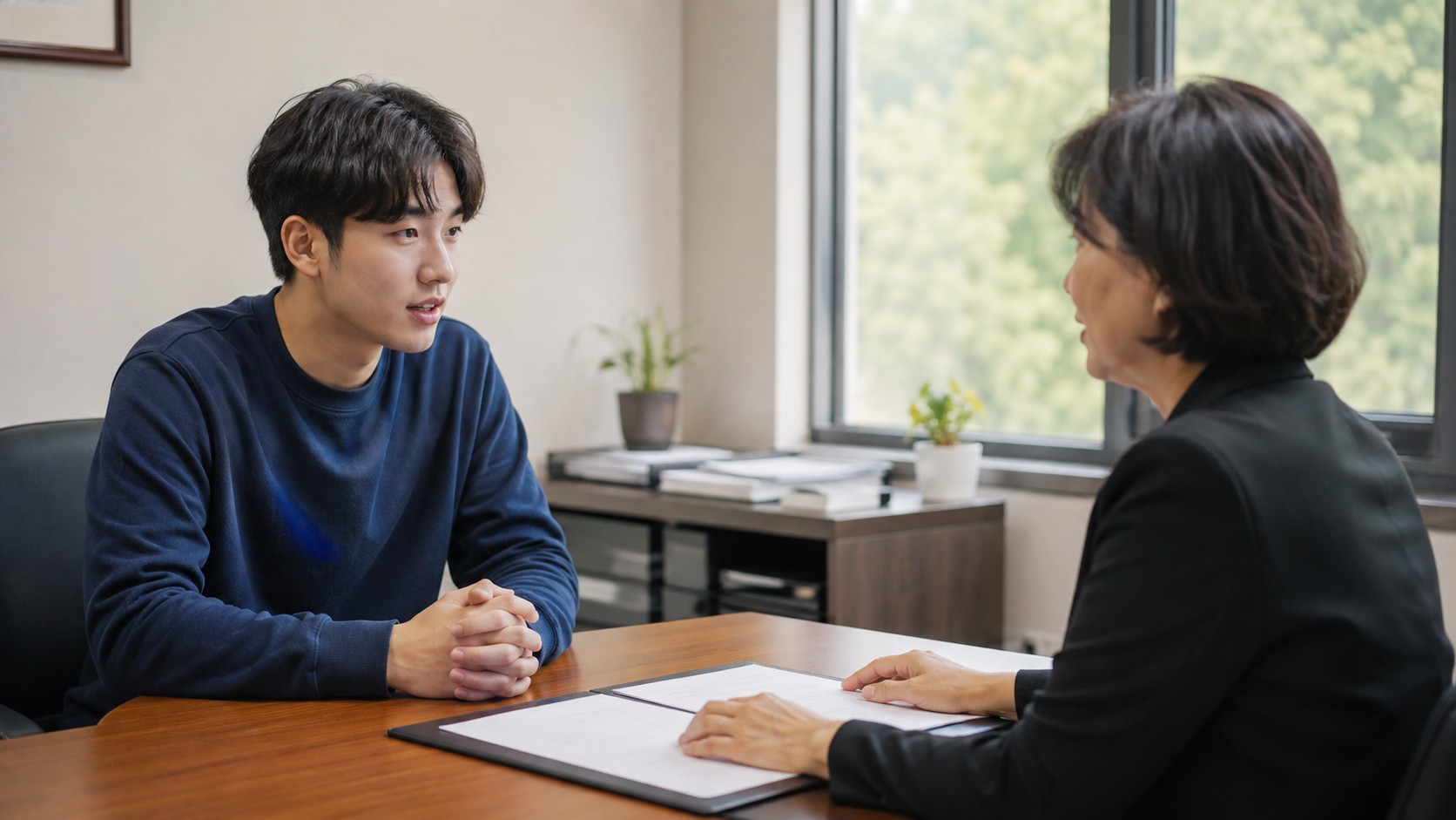 대학 행정 창구에서 교육비 지원을 상담하는 학생