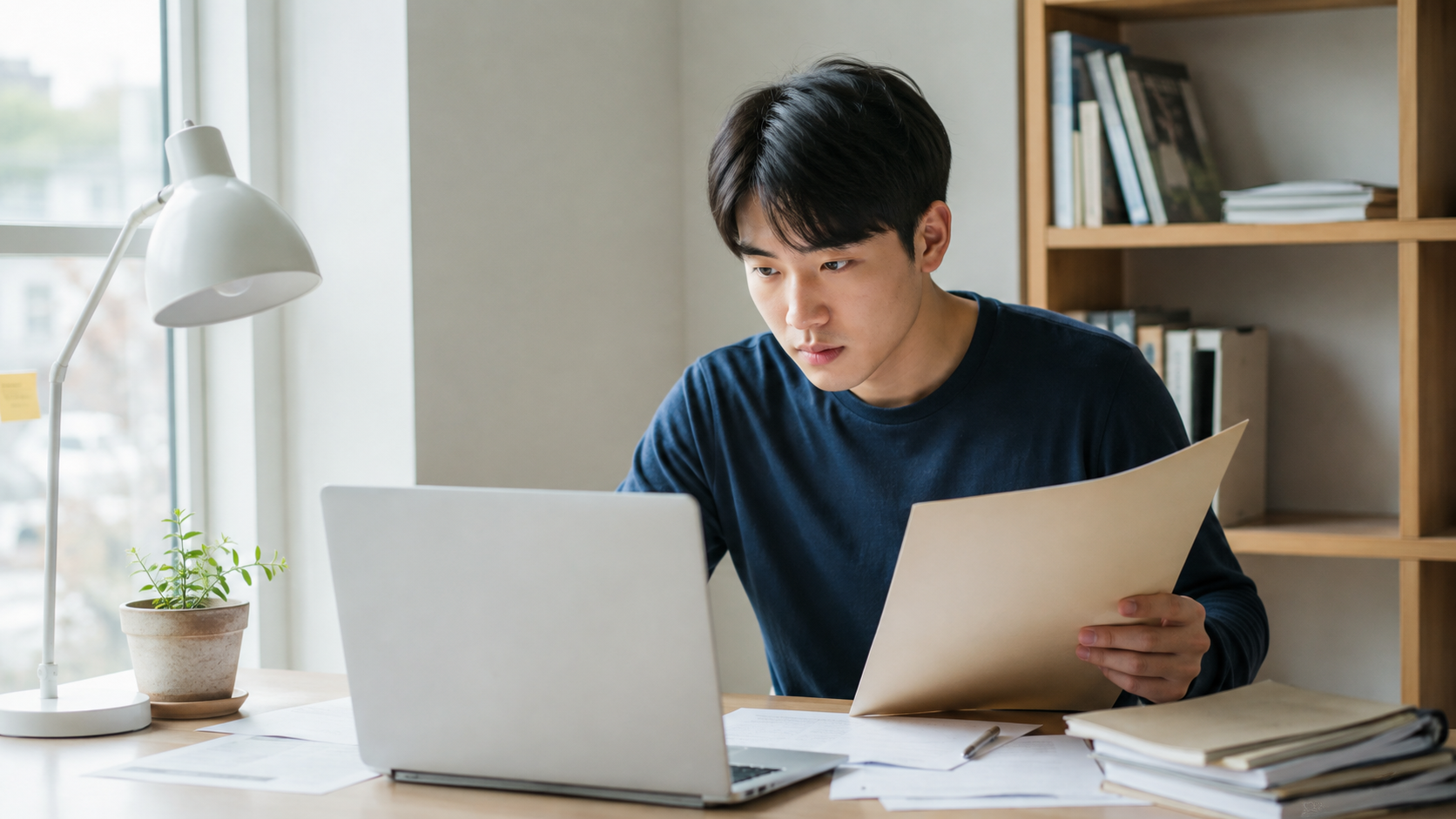 책상에서 장학금 신청 자료와 노트북을 확인하는 대학원생