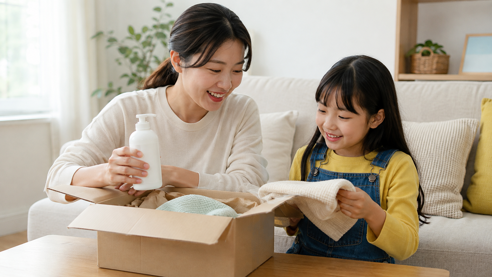 환경성질환 예방 물품을 살펴보는 부모와 어린이