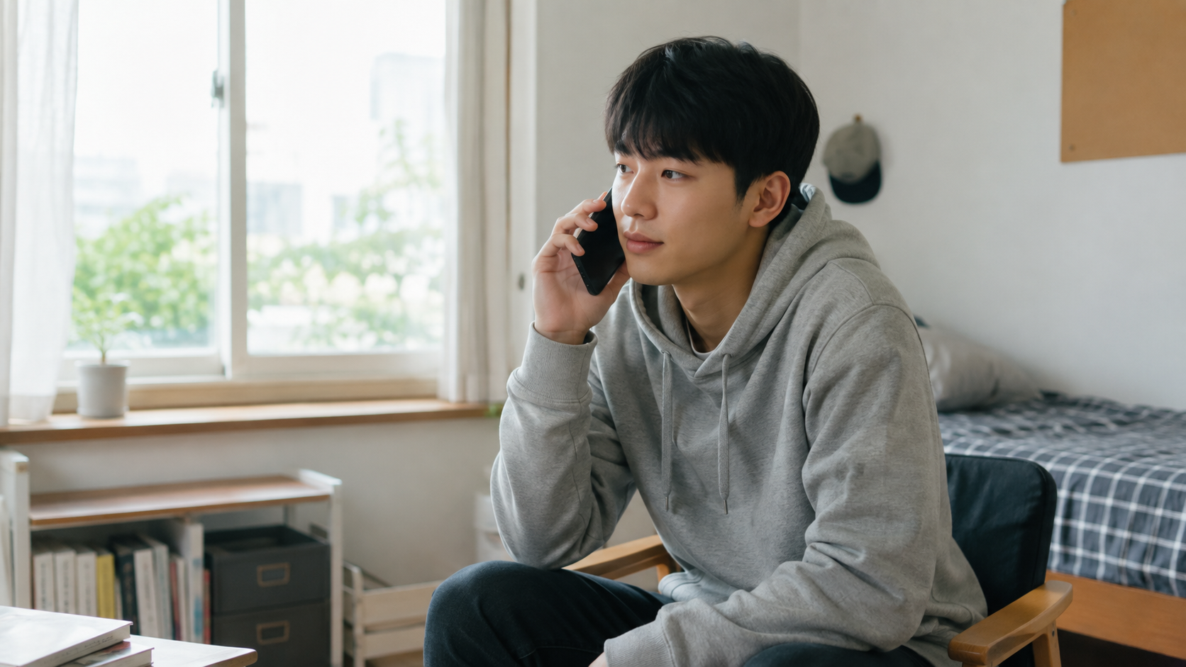 집에서 스마트폰으로 차분하게 상담 전화를 하는 청소년