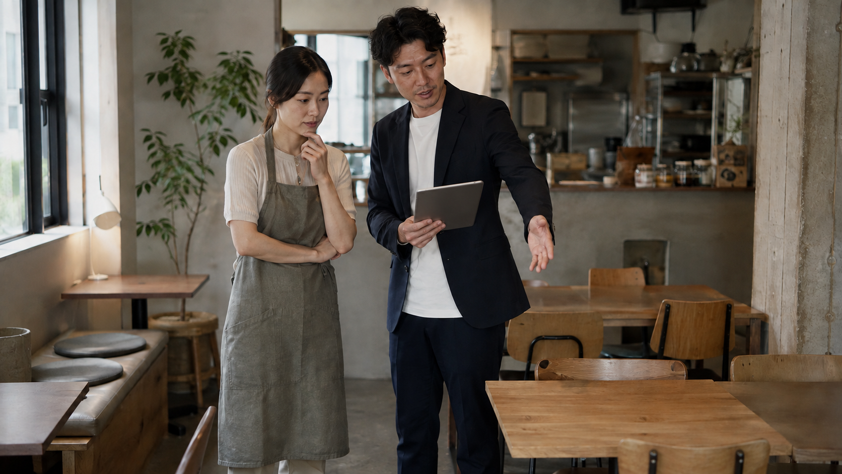카페 운영 개선을 위해 현장에서 상담하는 모습