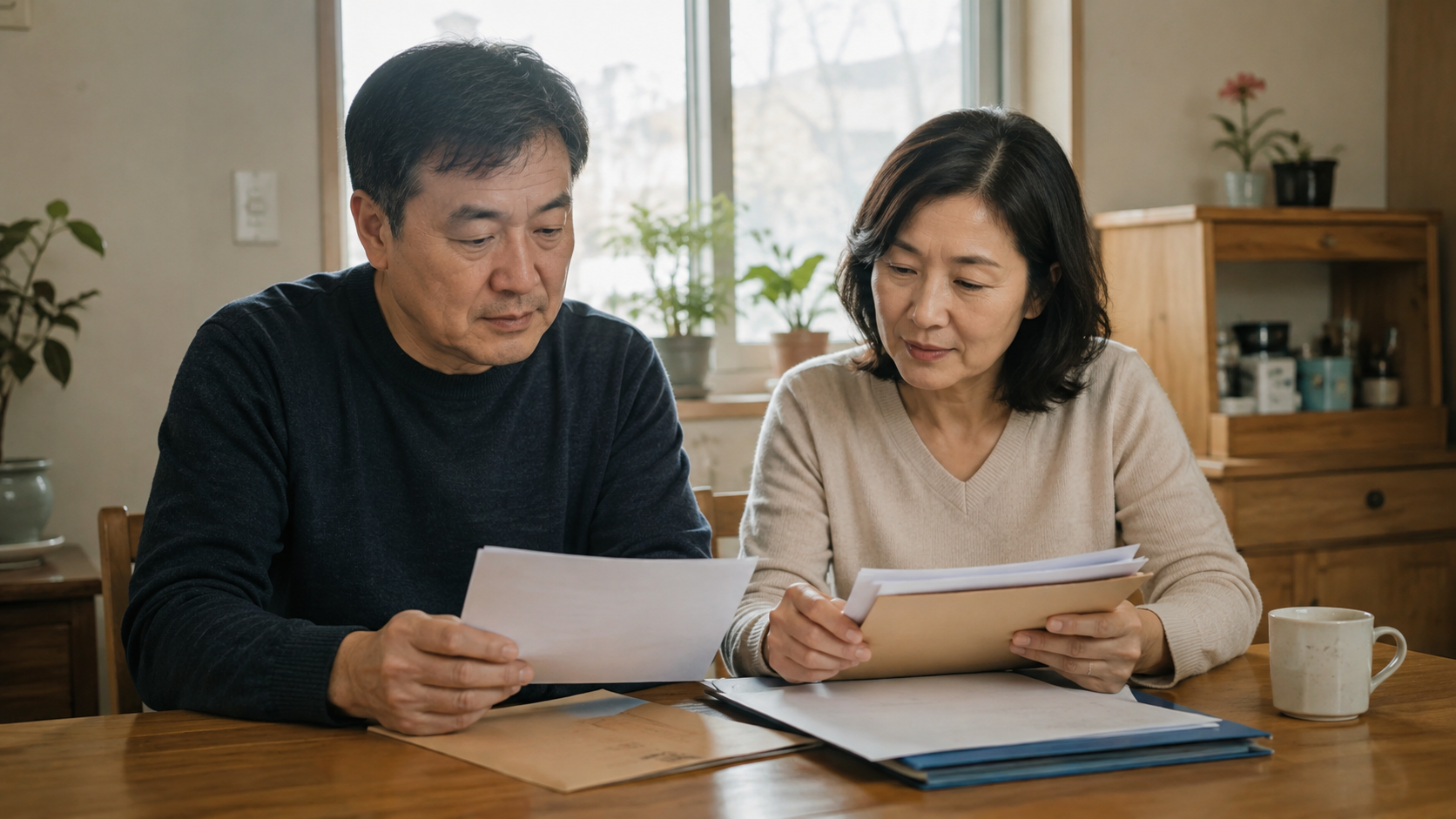 의료비 관련 서류를 함께 살펴보는 부부