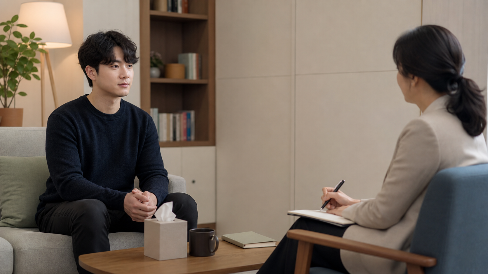 안정된 상담실에서 상담사와 이야기하는 청년