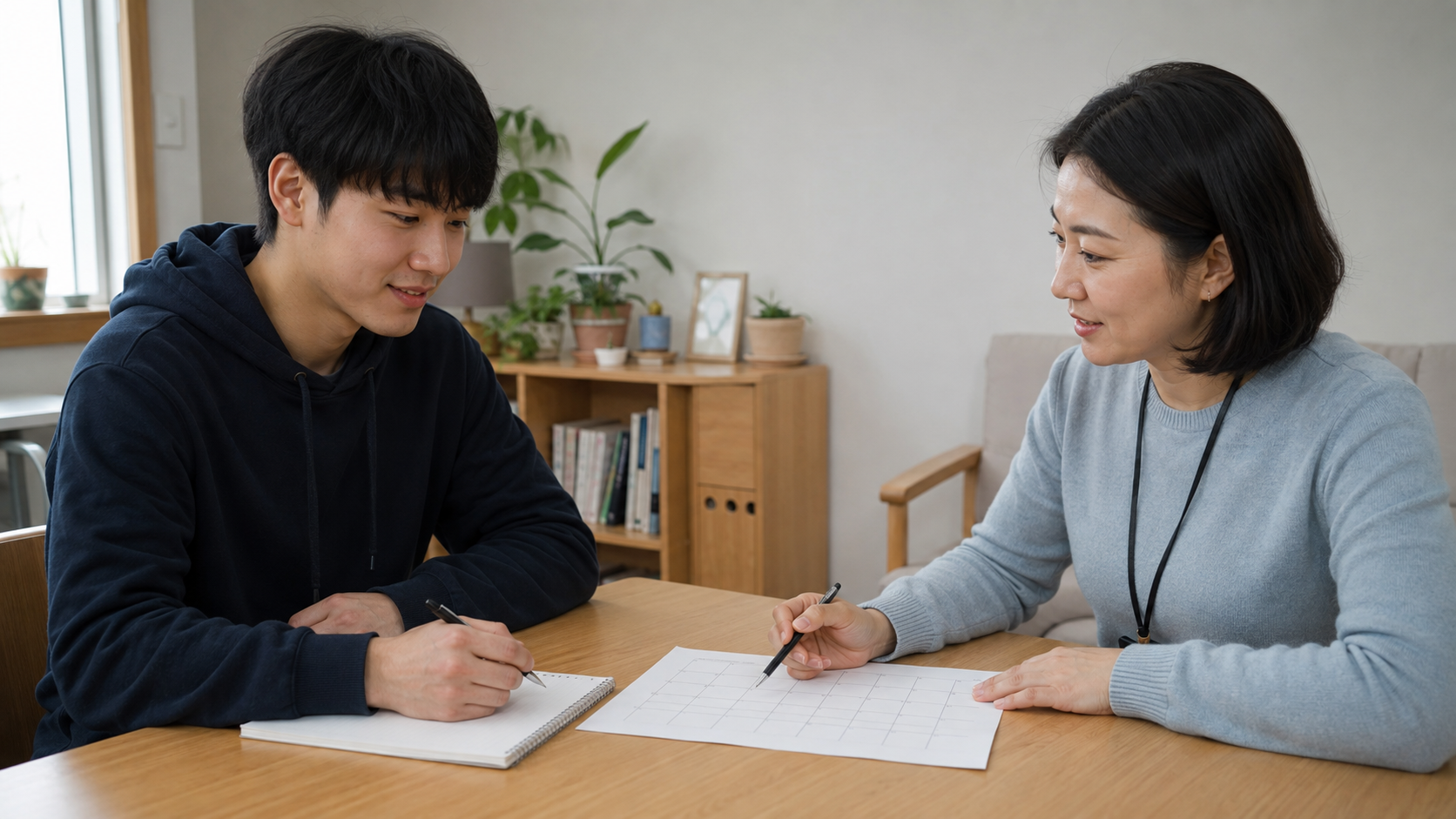 청년과 지원관 담당자가 독립생활 계획을 함께 점검하는 모습