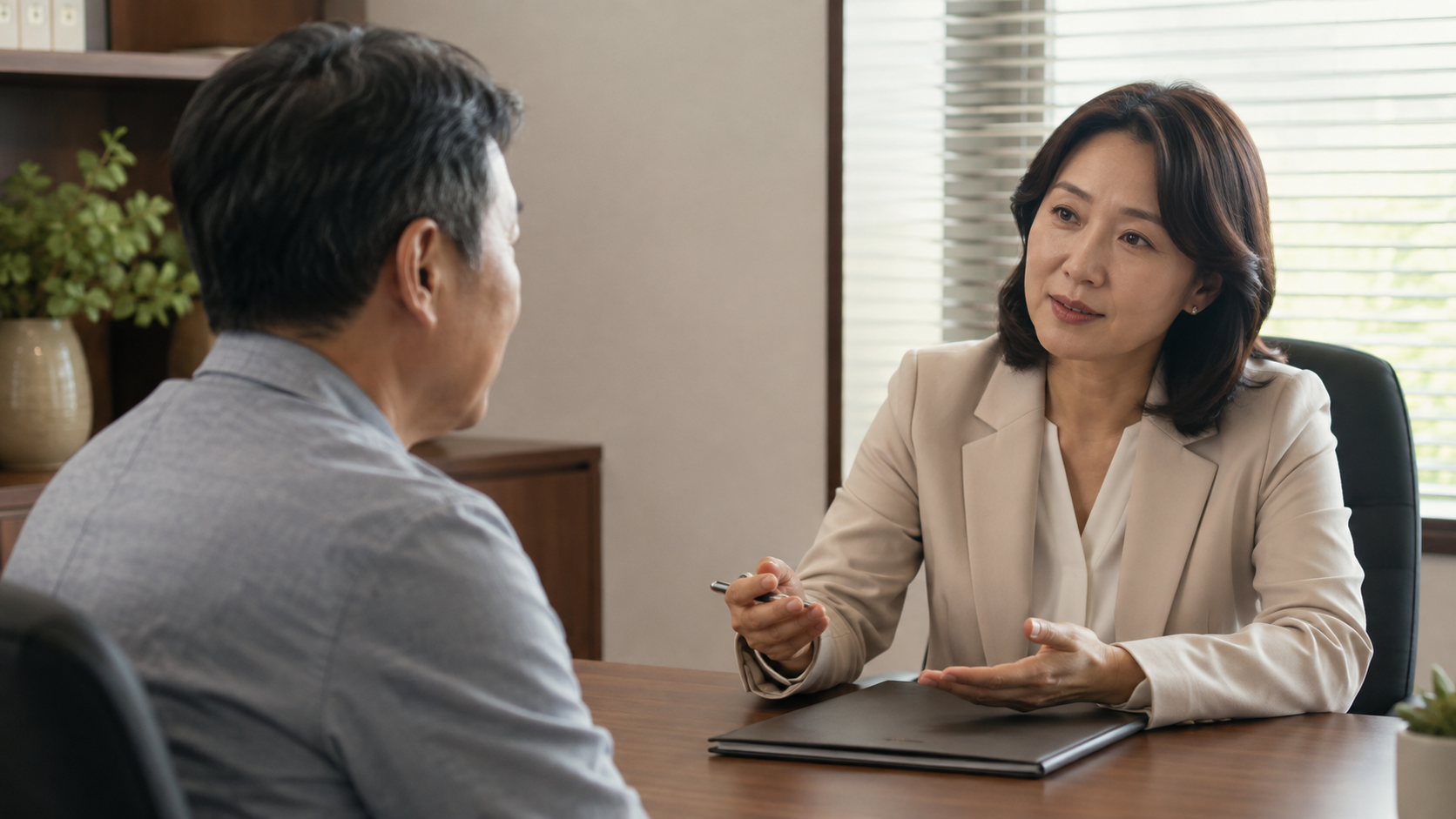 채무조정 가능 여부를 상담하는 주민과 상담사