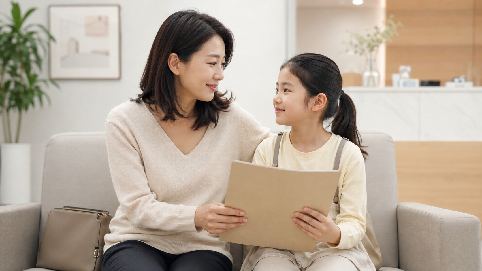 진료 대기 공간에서 함께 앉아 있는 부모와 자녀