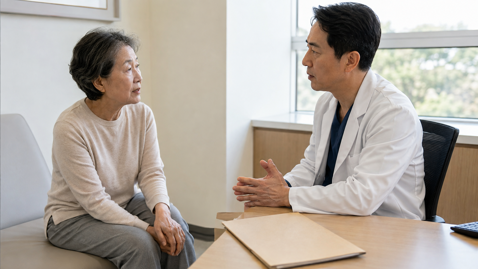 무릎 치료와 수술에 관해 의료진과 상담하는 어르신