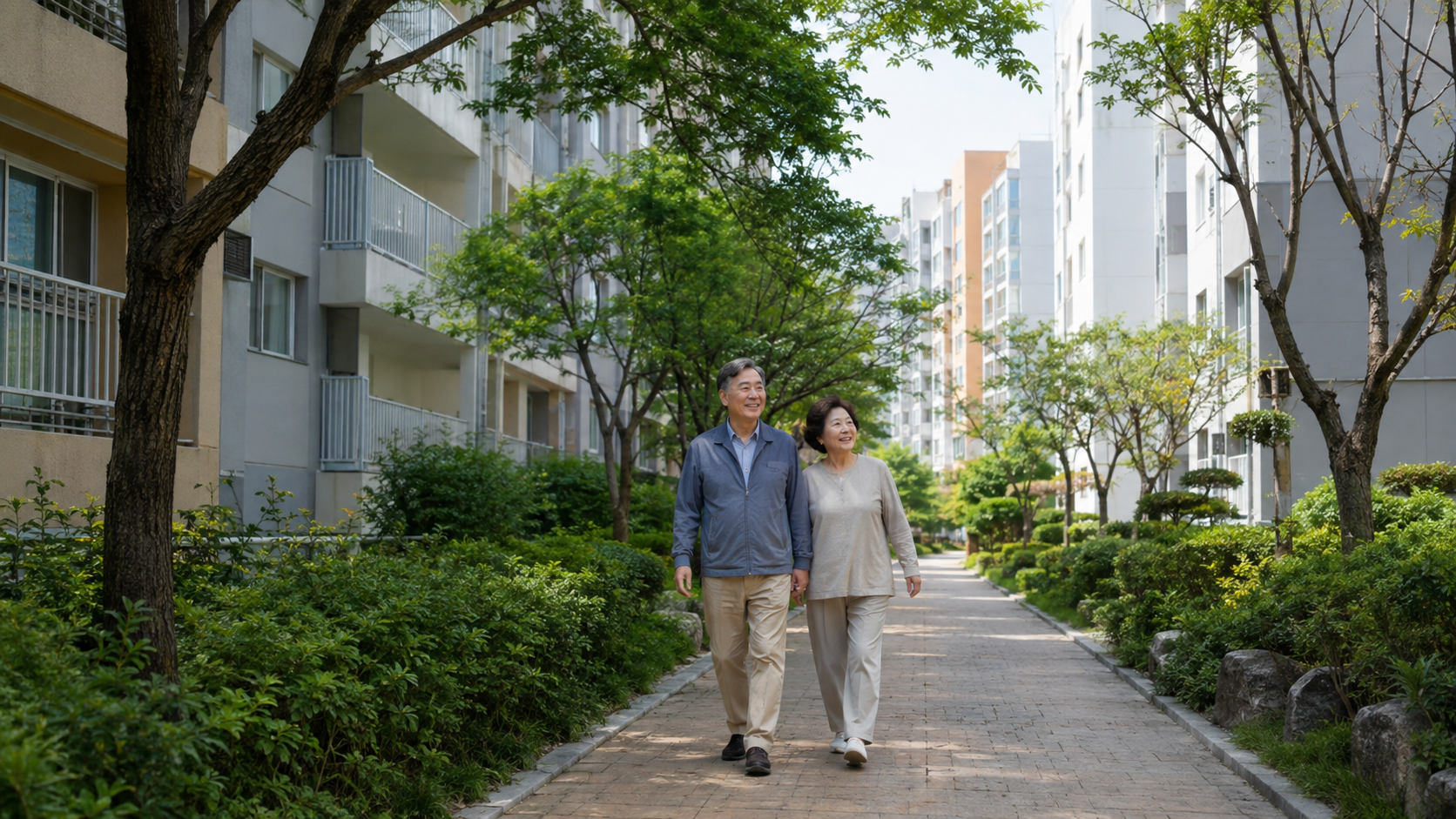 아파트 단지 안 산책로를 걷는 노부부