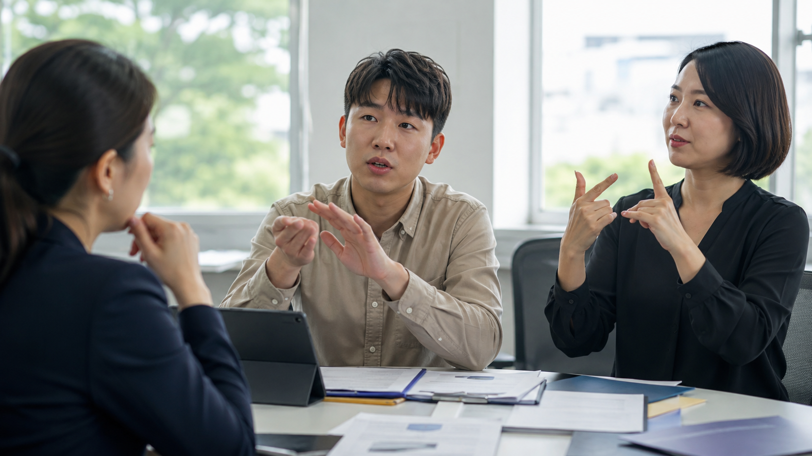 직장 회의에서 근로자의 의사소통을 돕는 수어통역 지원인