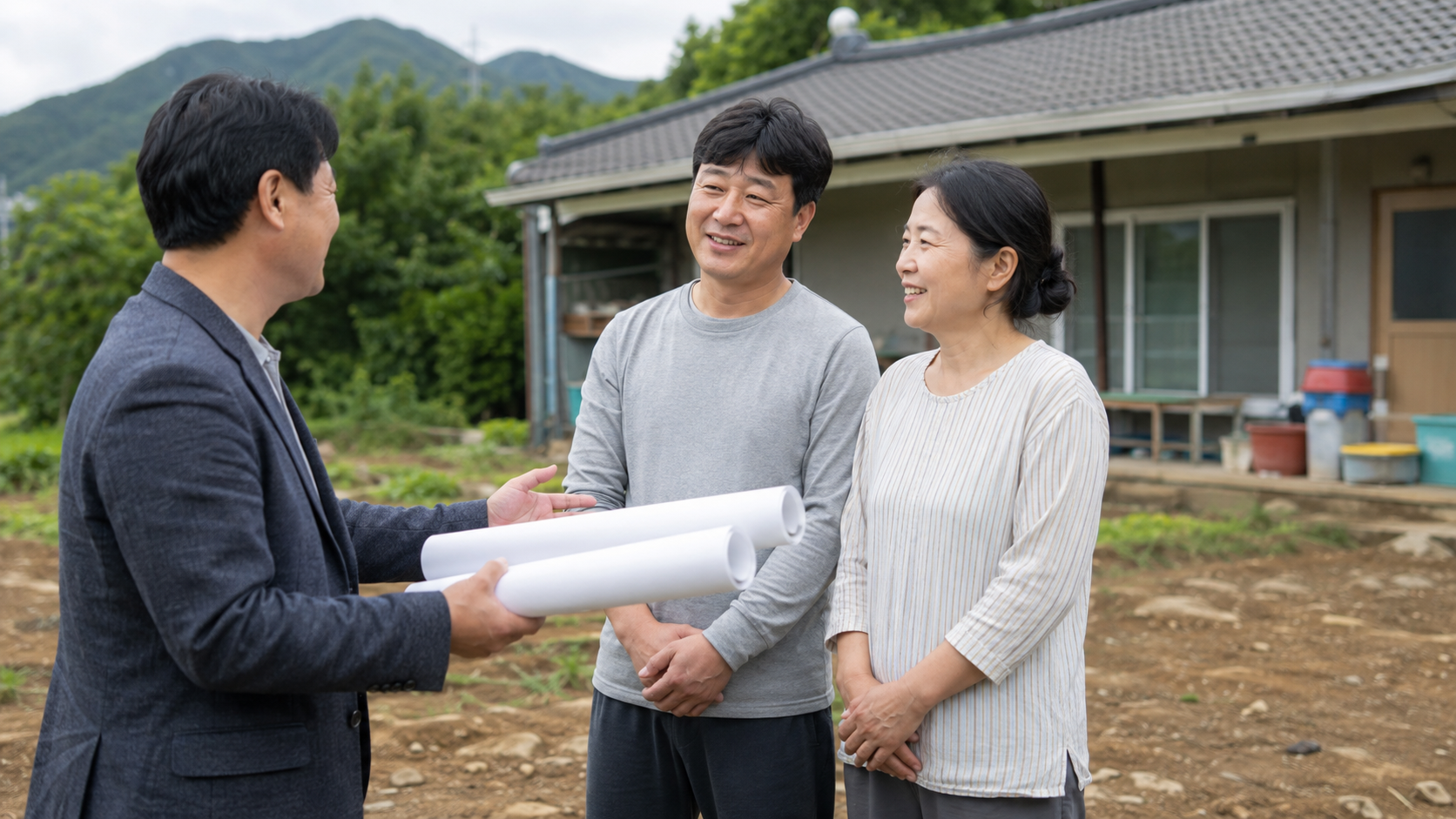 농촌 주택 개량 계획을 전문가와 의논하는 부부