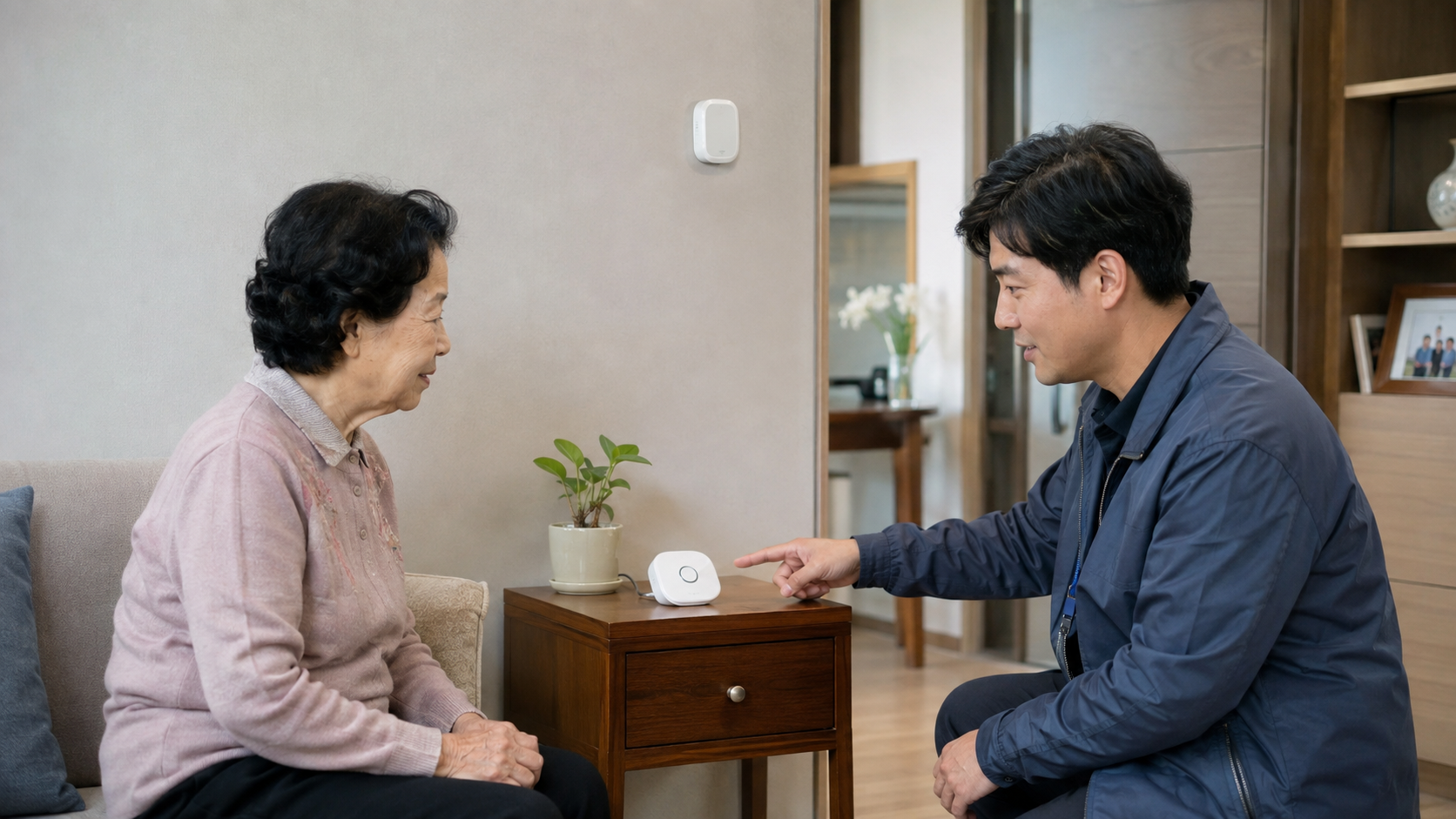 가정에서 응급호출기 이용법을 안내받는 어르신