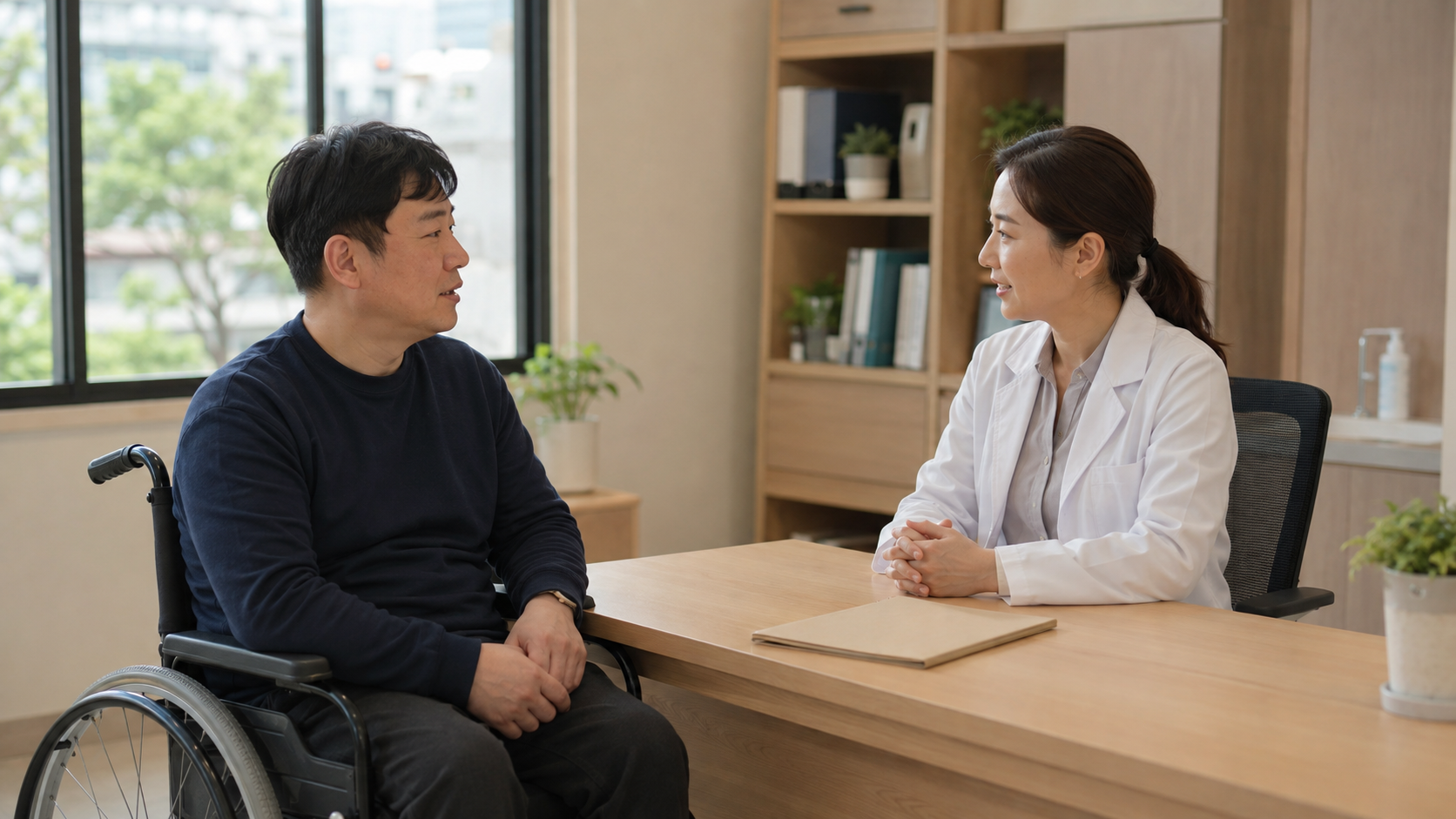 휠체어를 이용하는 성인이 의료진과 건강관리 상담을 하는 모습