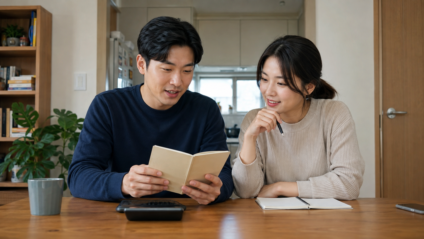 가정에서 함께 저축 계획을 살펴보는 부부