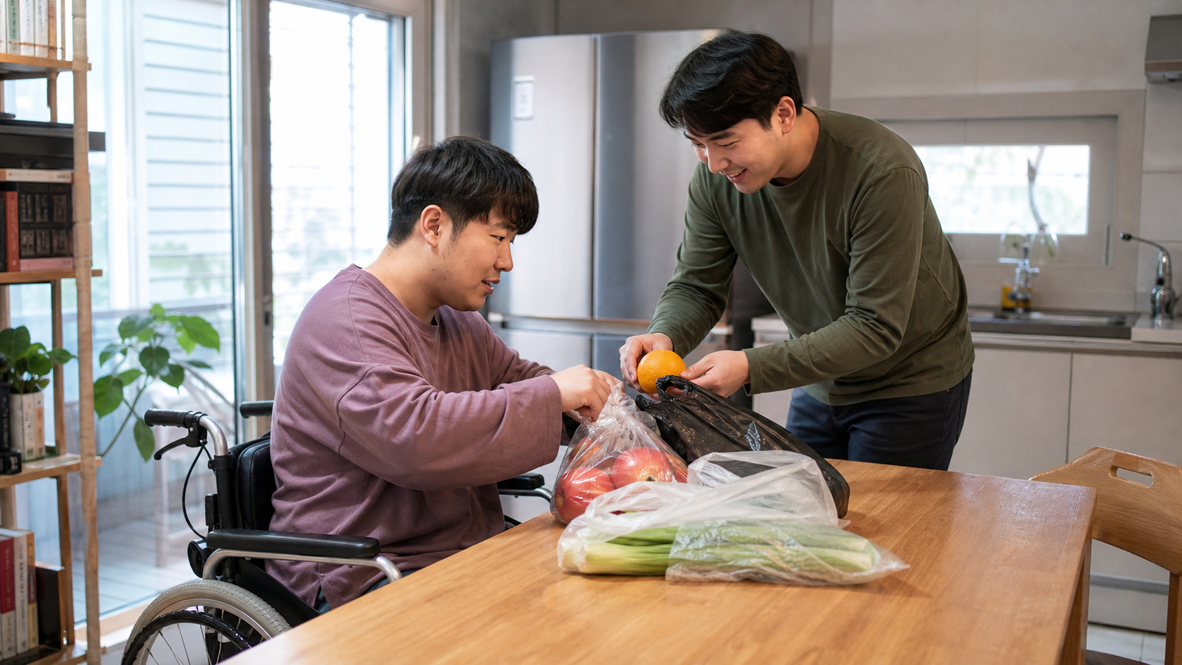 휠체어를 이용하는 한국인이 활동지원사와 함께 집안일을 하는 모습